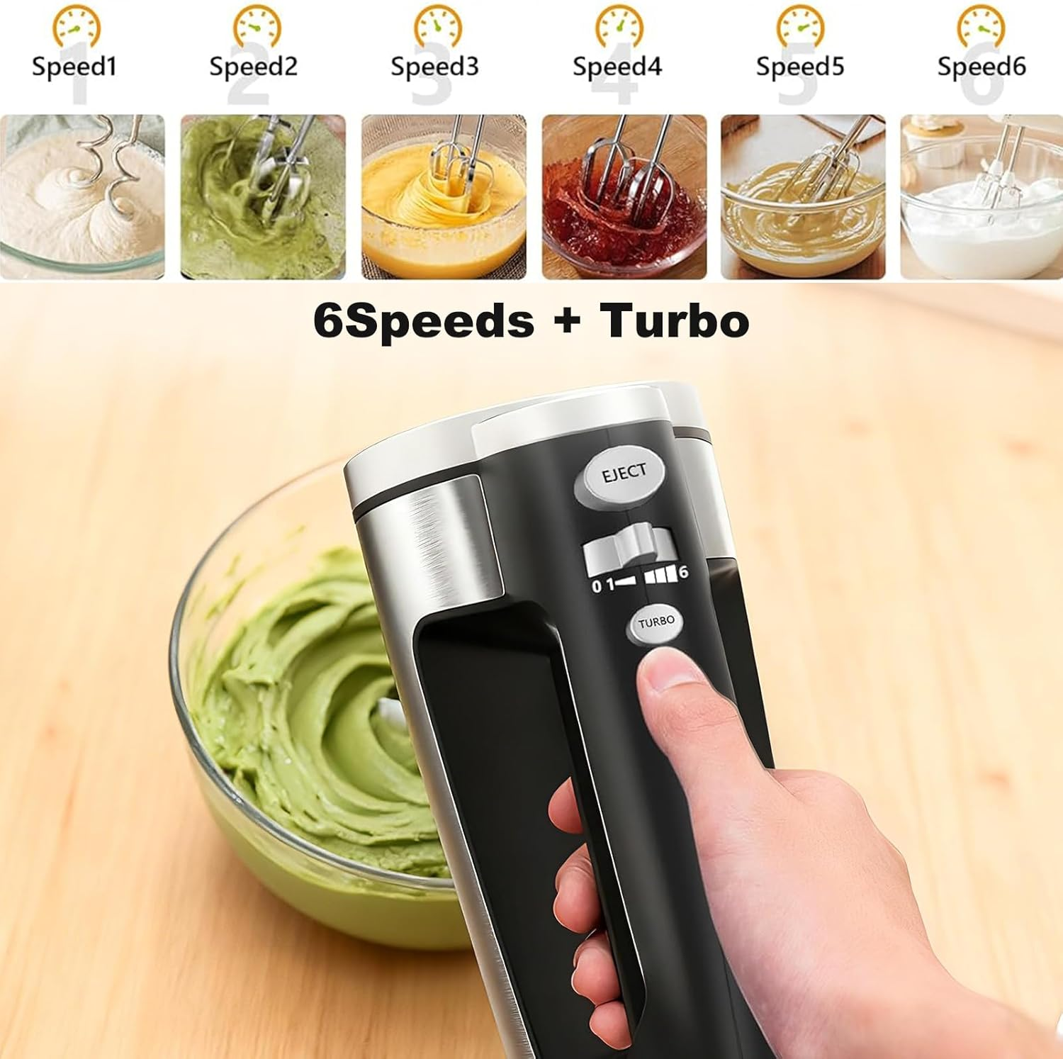 VINATO Electric Mixer, 300W Hand Mixer with 6 Speed, 2 Whisks and 2 Stainless Steel Kneader Hooks for Dough, Eggs, Cakes, Cream image number 6