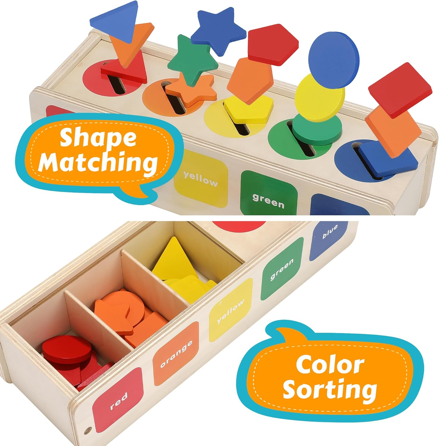 Wooden Montessori Toys for Toddlers - Color Sorting & Stacking Toy Includes 25 Wooden Building Blocks of 5 Different Shapes & Colors to Improve Color Recognition, Hand Eye Coordination, & Motor Skills image number 3
