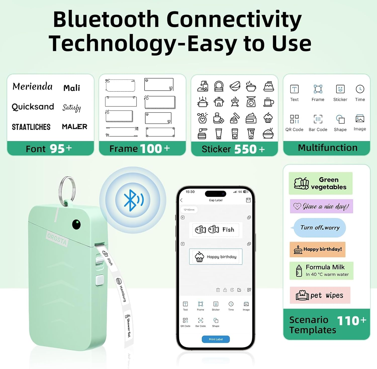 ORGSTA S001 Label Printer Bluetooth Portable Mini Label Printer Self-Adhesive Labelling Device for Home, Office, School, Compatible with Ios & Android (Green