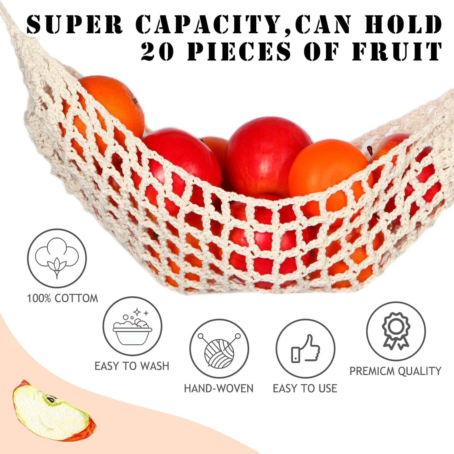 Hanging Fruit Hammock under Cabinet - Fruit and Veggie Basket - Macrame Fruit Hammock for Kitchen D&eacute;cor - Storage That Saves Counter for More Counter Space at Home, Boat, or Rv,With 4 Hooks. - Off-White-001 image number 4