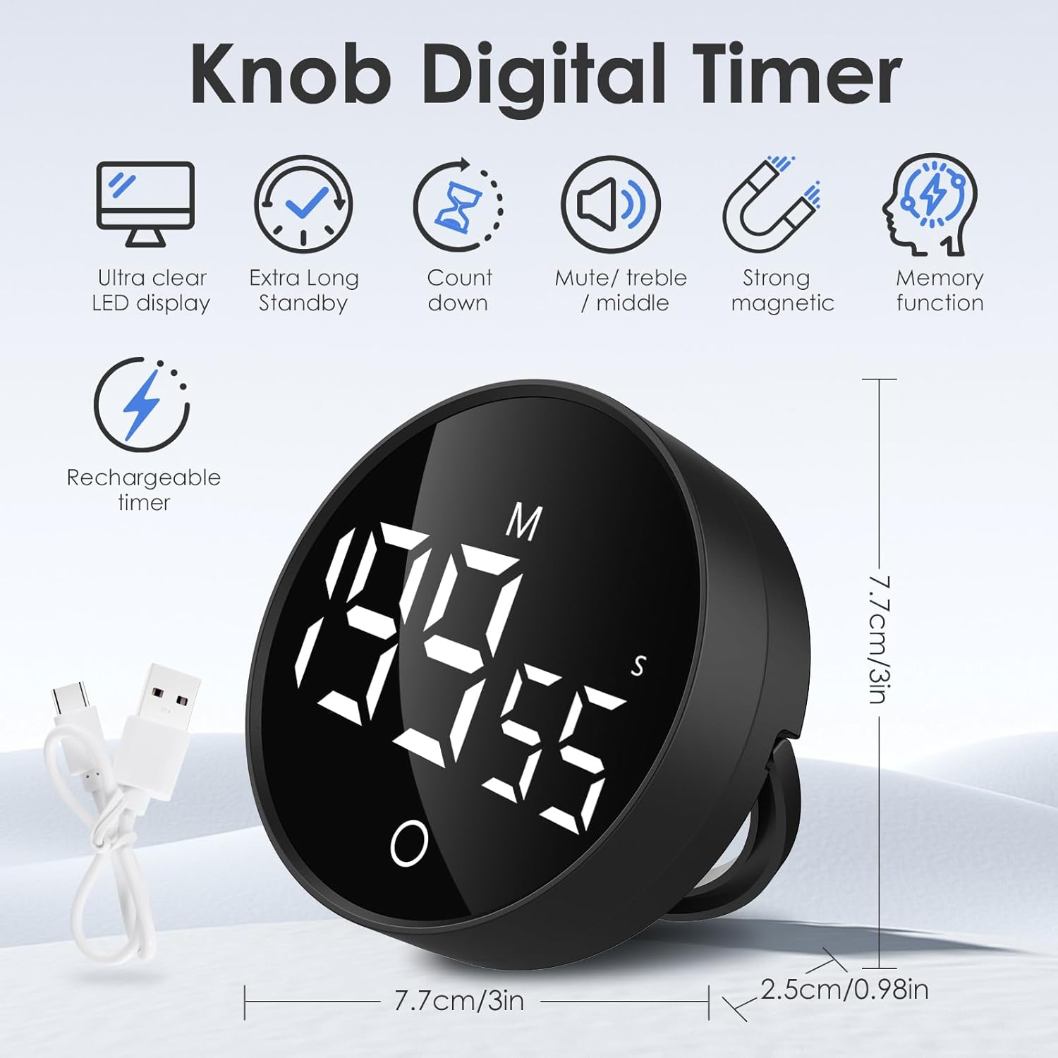 Simpeak Digital Kitchen Timer Classroom Timers, Rechargable LED Visual Timer from 0 to 199 Minutes, 3 Alarm Volume, Magnetic Countdown Countup Timer with Stand for Cooking Baking Workout Study image number 1