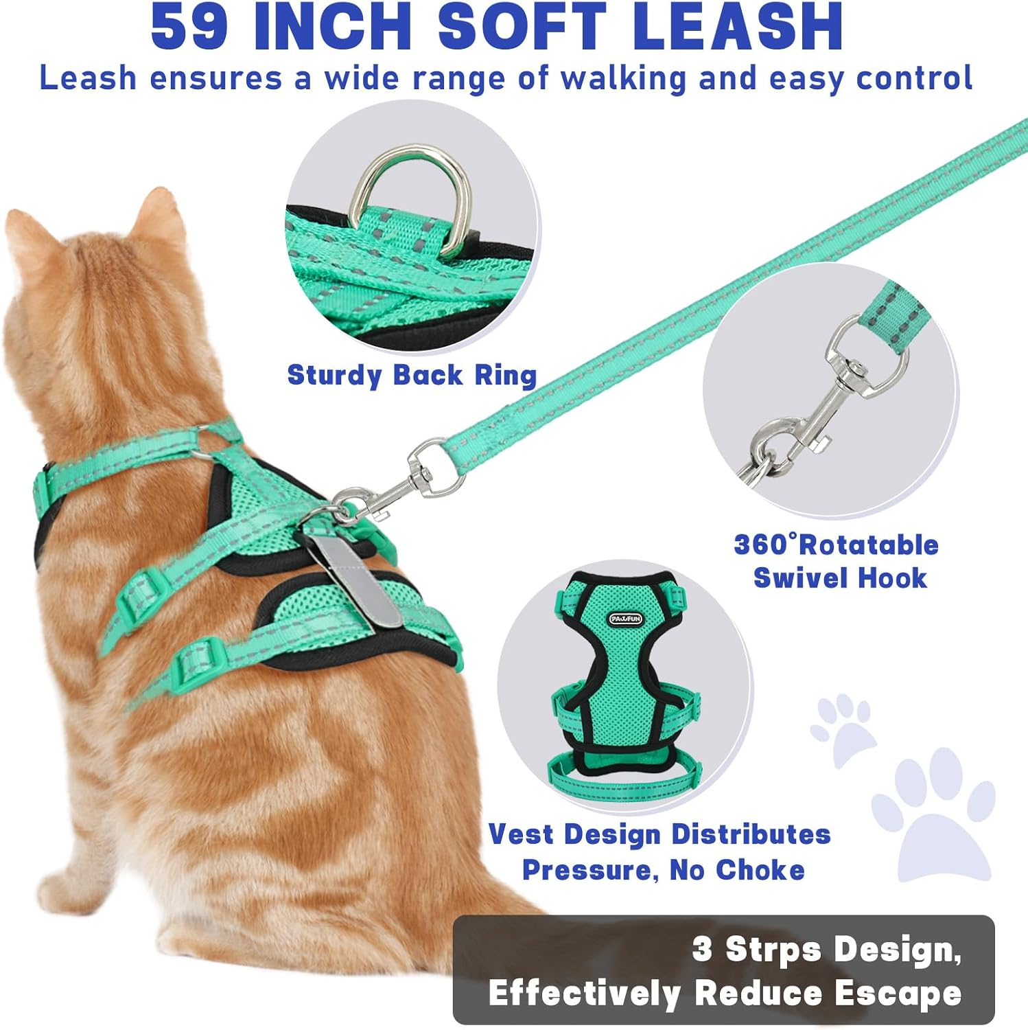Cat Harness for Walking, Escape Proof Cat Harness and Leash Set with Reflective Strip, Adjustable Cat Leash Breathable Soft Vest for Small to Large Cats, Green, S image number 5