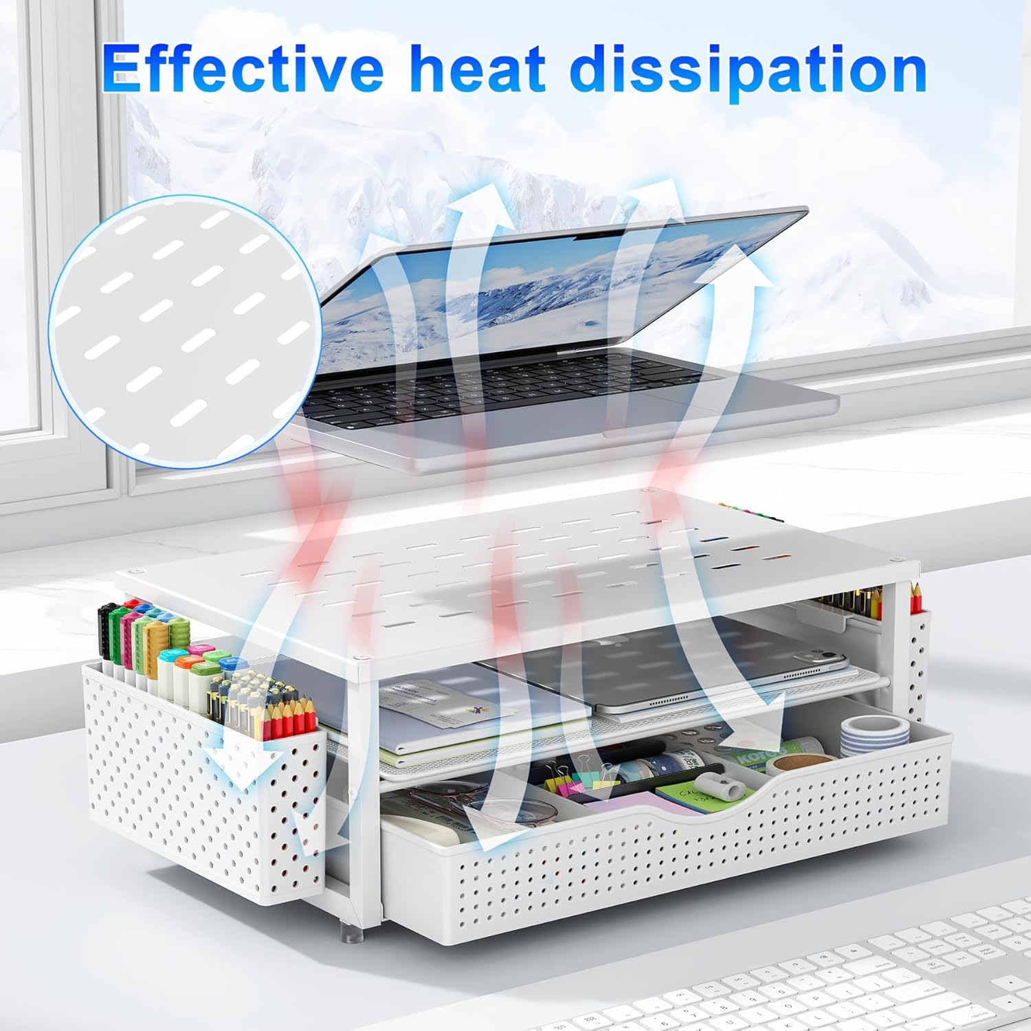 Gianotter Monitor Stand Riser, Desk Organizer with Drawer and Pen Holder, 2-Tier Computer Stand, Desk Accessories & Workspace Organizers(White) image number 6