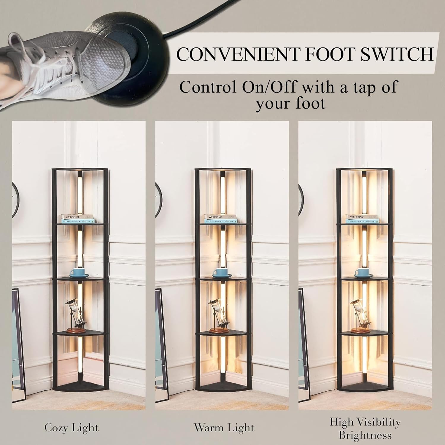 TUXOIUBA Dimmable LED Corner Floor Lamp with Shelves, Corner Shelf Floor Lamps for Living Room, LED Corner Display Shelf with Lights and Adjustable Color Temperature for Living Room Bedroom Home image number 6