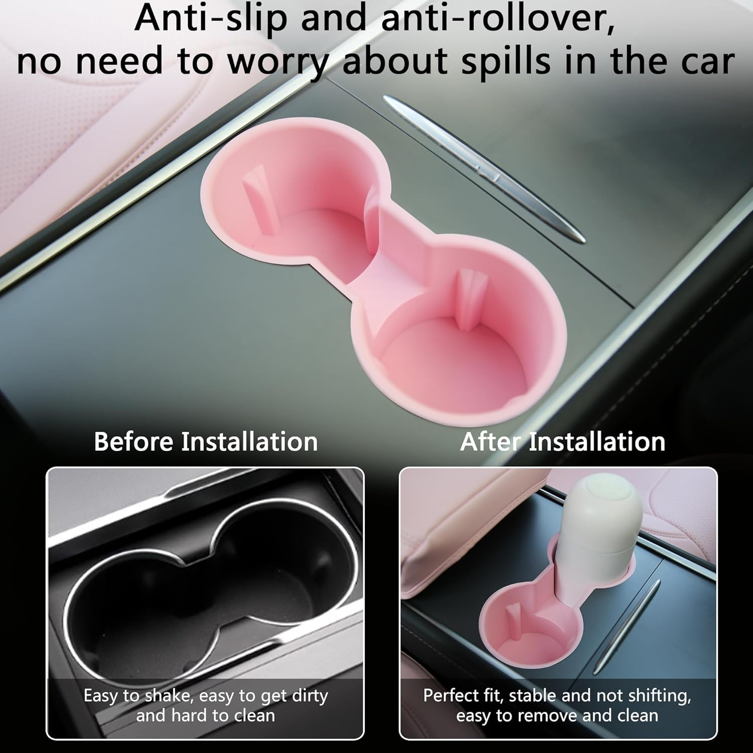 TOPABYTE 3PCS Center Console Accessories for Tesla Model Y 2021-2024 and Model 3 2021-2023 Cup Holder Insert, Screen Edge Protector Frame, Silicone Wireless Charger Mat, Pink image number 2