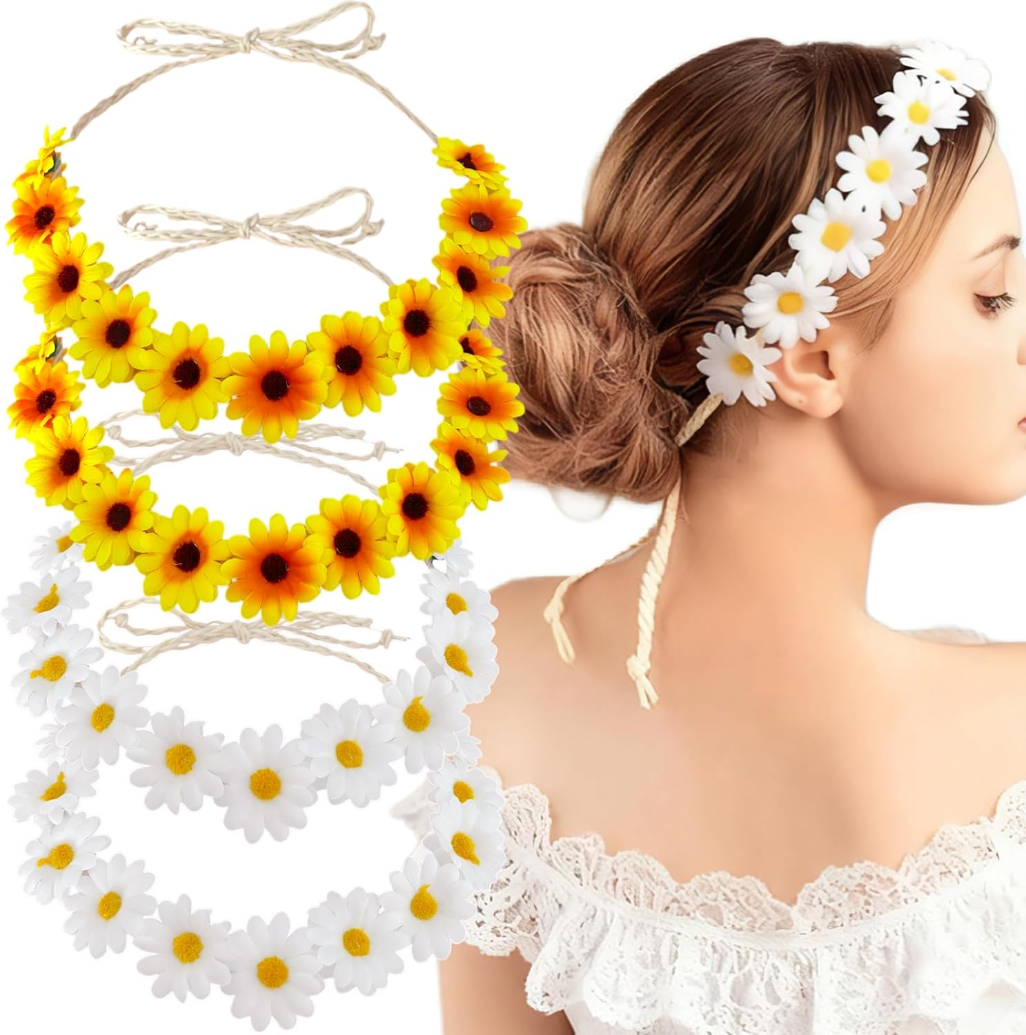 Ypkia Pack of 2 Sunflower Headbands + 2 Pieces Daisy Headbands Women'S Adjustable Bohemian Flowers Headdress for Carnival Party Costume Accessories image number 5