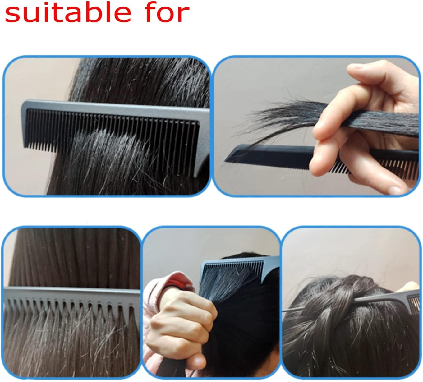 JZK 5 X Black Hair Combs Set, Wide Tooth Comb Fine Tail Comb Hair Styling Hairdressing Combs for Home Salon for Women and Men