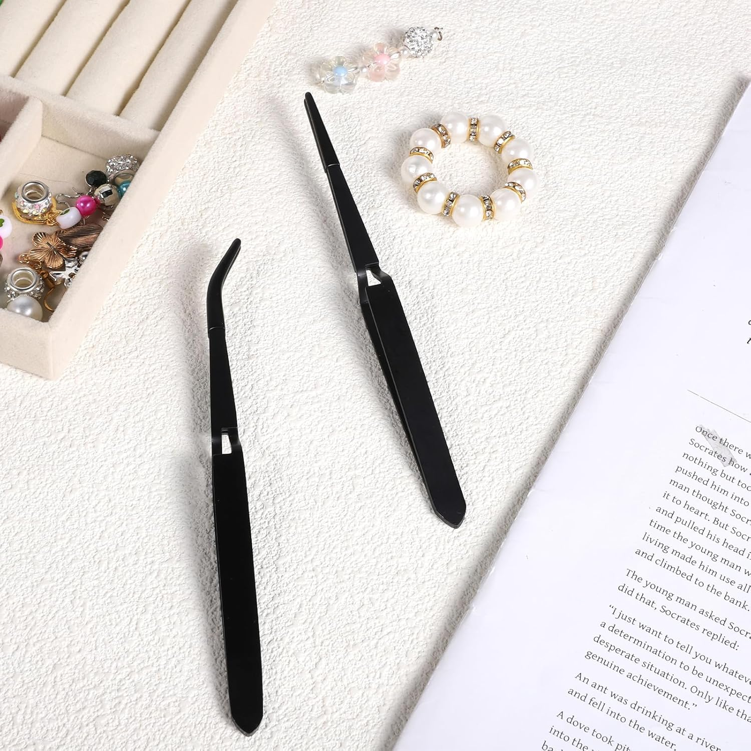 Reverse Tweezers for Crafting, 2 Pcs Rubber Tipped Tweezers Stainless Steel PVC Coated Bent and Straight Flat Tip Cross Locking Precision Tweezer Set for Crafts Jewelry Beads Coins Electronic (Black) image number 2