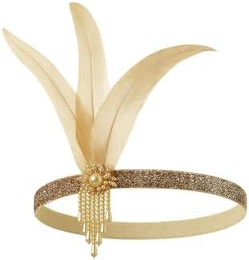 BABEYOND 1920S Flapper Feather Headpiece Vintage 1920S Headband Beaded Flapper Headpiece Great Gatsby Costume Accessories, Gold