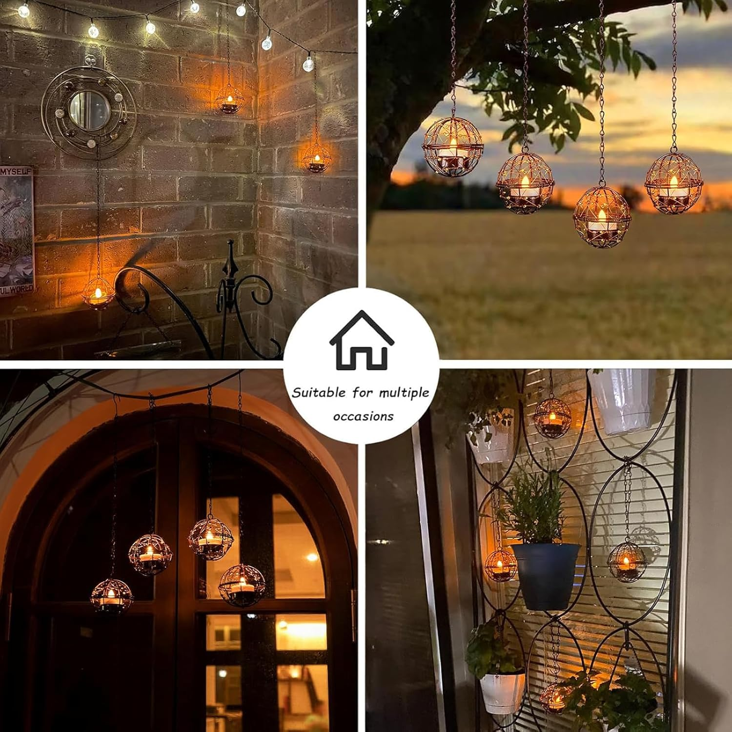 Outdoor Solar Hanging Lanterns Waterproof, Globe Hanging Candle Holder with Flickering Solar Powered Tea Lights, Chargeable Chandelier Light for Backyard Patio Garden Fence Tree Decoration-4Pack image number 4