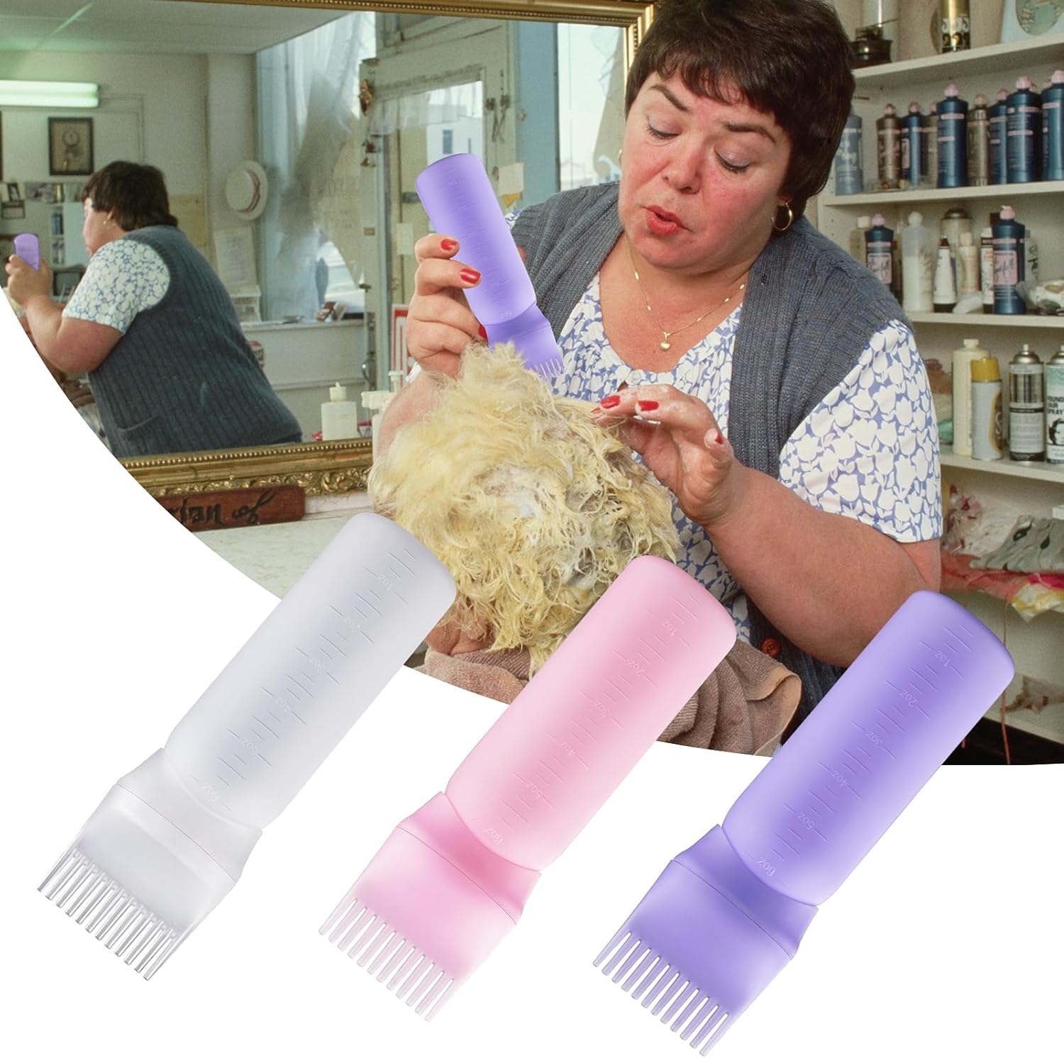 6PCS Large Capacity Root Comb Applicator Bottle, Hair Dye Brushroot Comb Squeeze Applicator Bottles for Hair Root Color with Graduated Scale(Color:Pink White Purple) image number 6