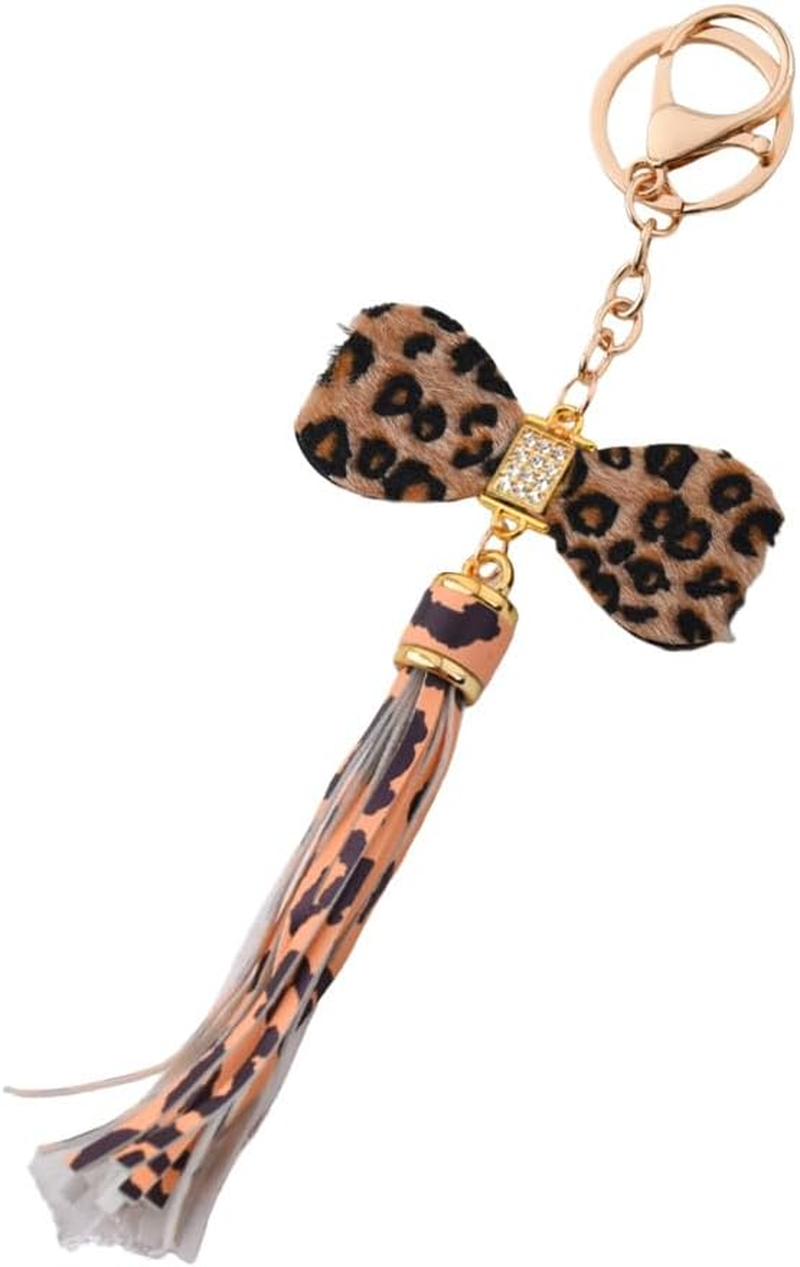 Vintage Rhinestone Leopard Tassel Keychain for Purse Bag Charms for Backpack Handbags Keychains Glitter Leopard Print Bow Keychain for Car Keys Chain Cute Bow Y2K Accessories Women Girls Trendy image number 1