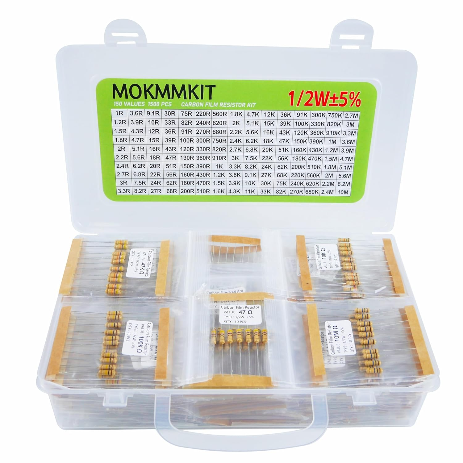 150 Values 1500 Pieces Resistor Kit 1 Ohm-10M Ohm 1/2W 5% 0.5 Watt Carbon Film Resistors Assortment Kit