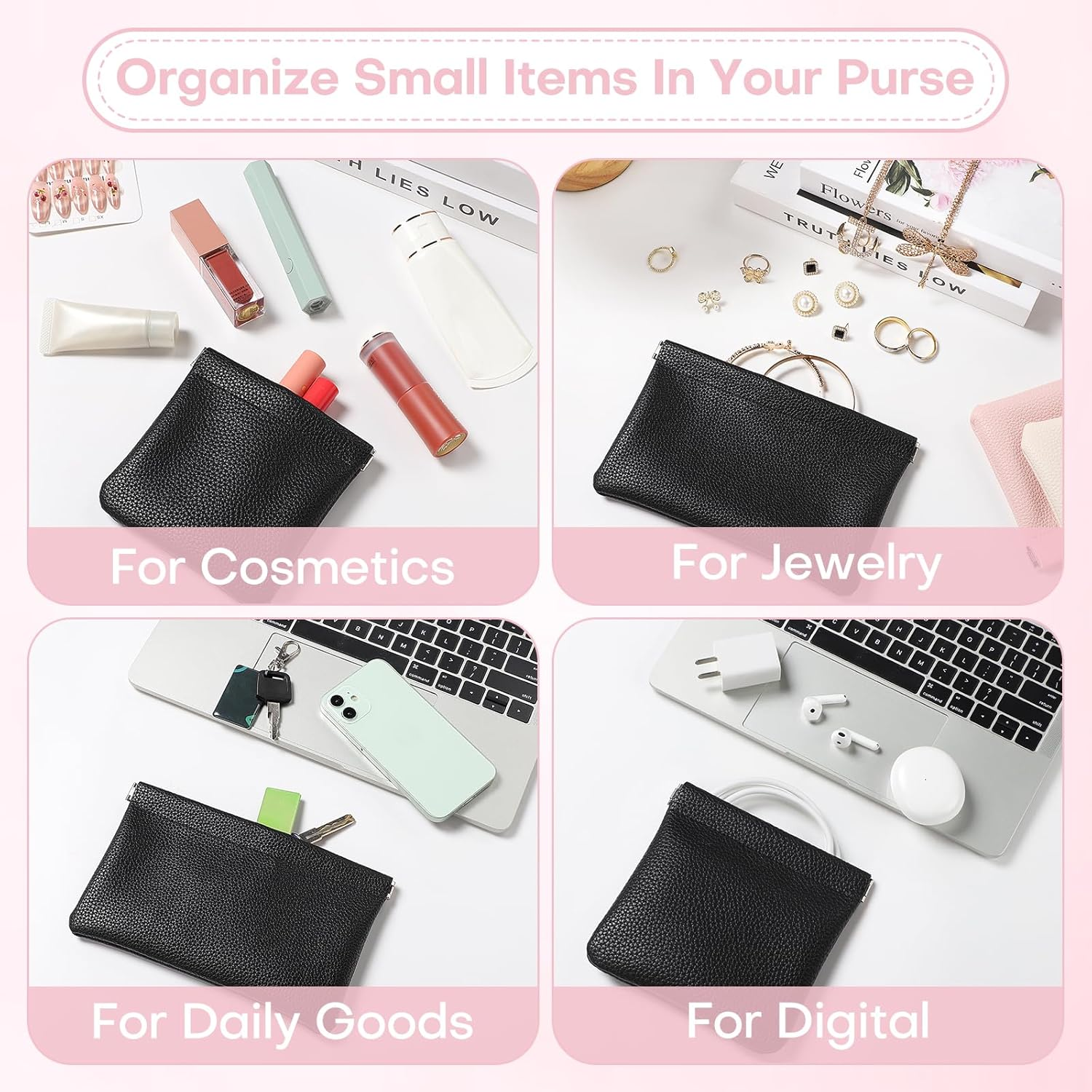 Sightor Leather Pocket Cosmetic Bag for Purse, 2 Pack Small Makeup Bag for Women Coin Purse Lipstick Cosmetic Accessories Organizer Travel Cosmetic Pouch, Black, Solid - Creamy image number 4