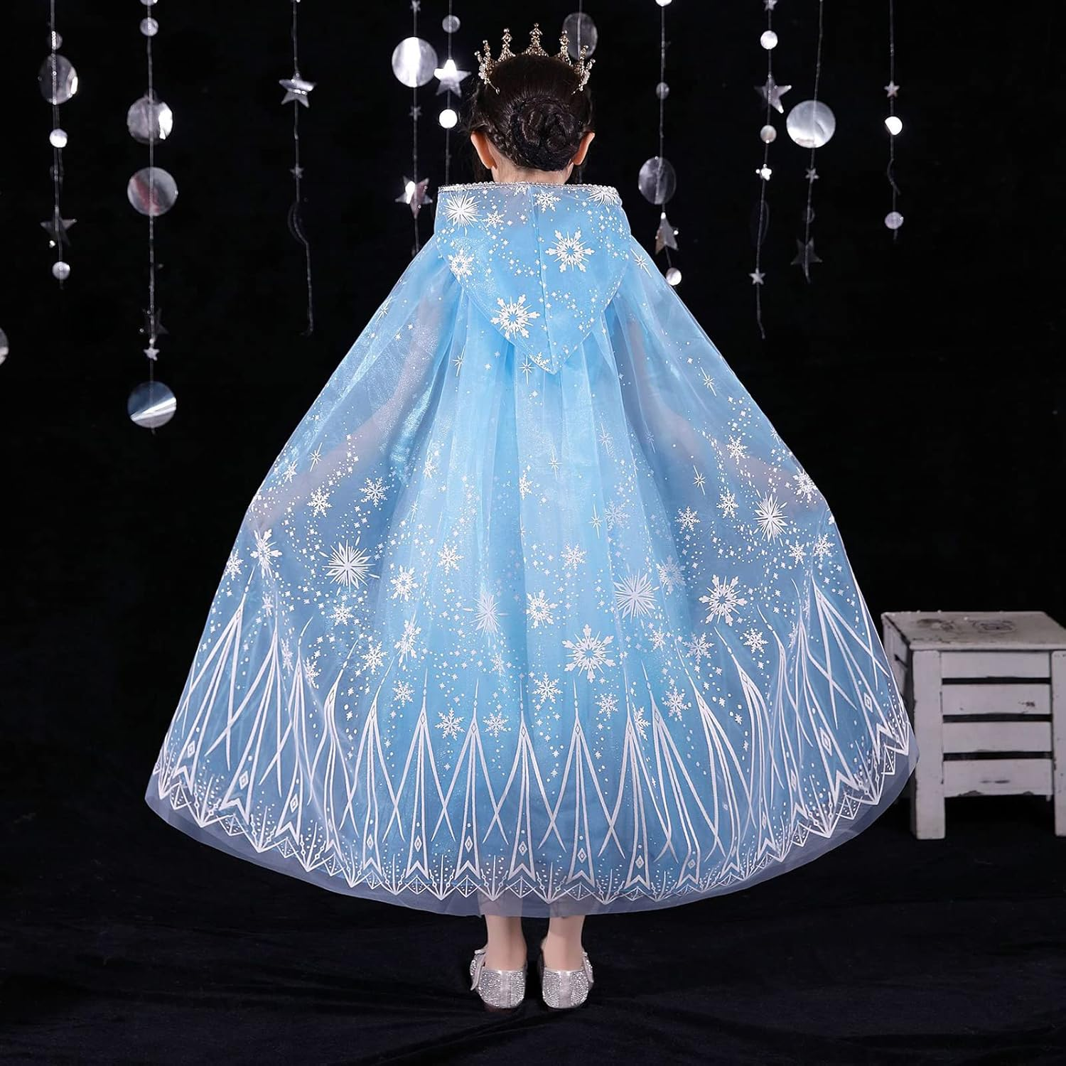 PHOGARY Princess Cape Blue Princess Cloak Snowflake Hooded Cape, Princess Fancy Dress Halloween Costume 2 Layered Tulle Carnival Birthday Party Cosplay Princess Dress up for Girls image number 3