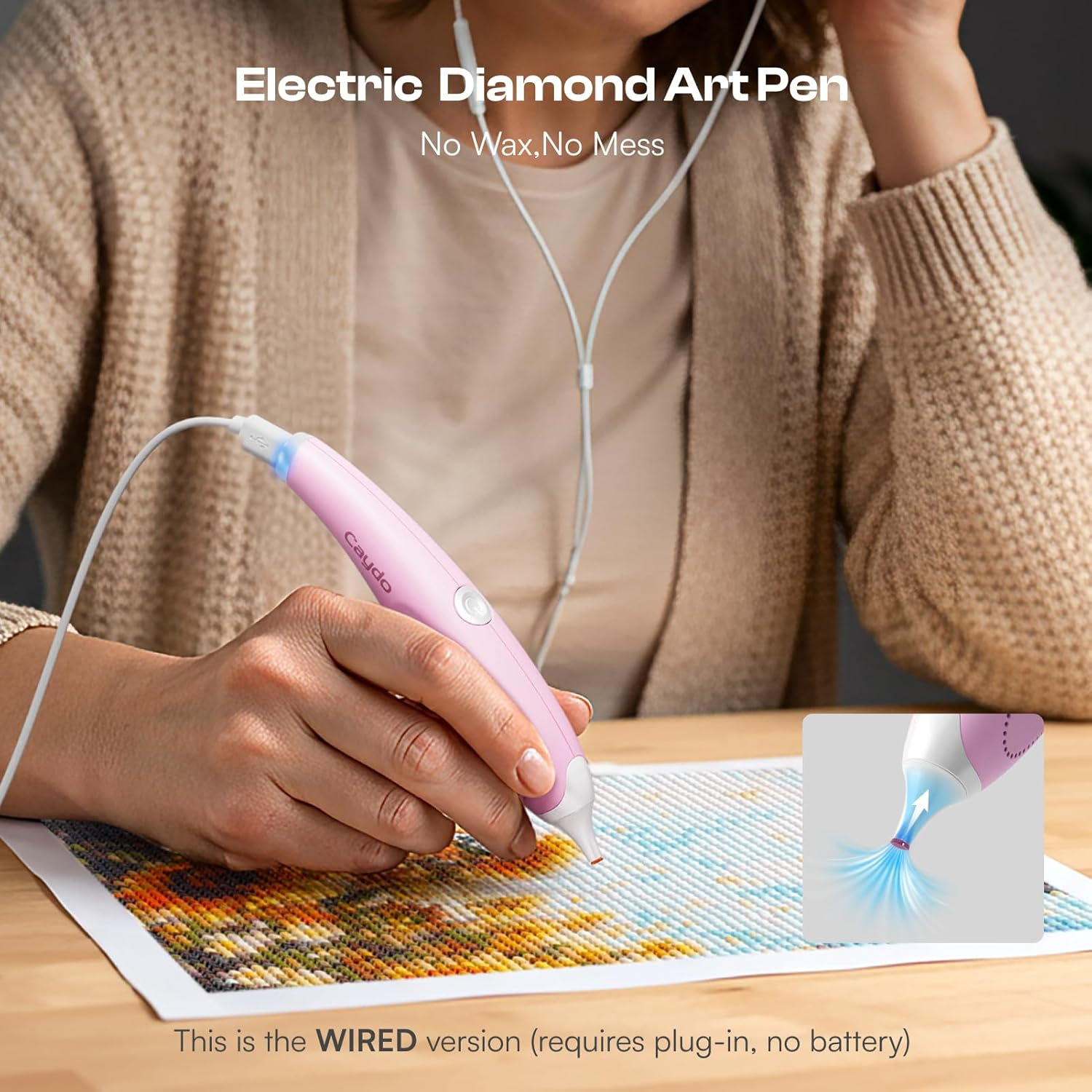 Caydo Wired Electric Diamond Painting Pen (Plug-In Use), E-Painter for Diamond Painting - Ergonomic Vacuum Tool with 2-Tips, Diamond Art Accessories Tools for Setting Diamonds without Wax (Pink) image number 1