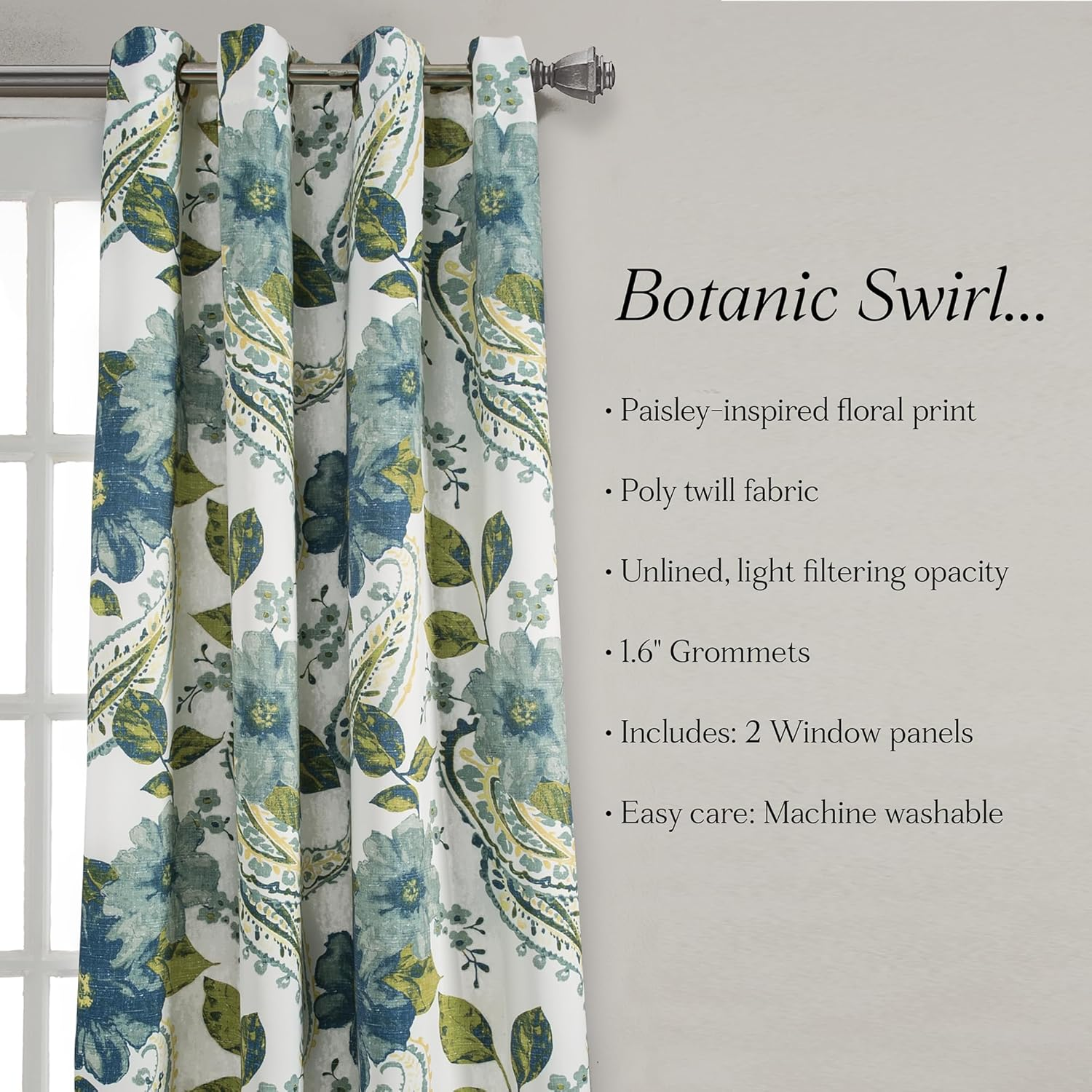 Lush Decor Floral Paisley Window Curtain Panel (Set of 2), 84 X 52, Blue image number 2