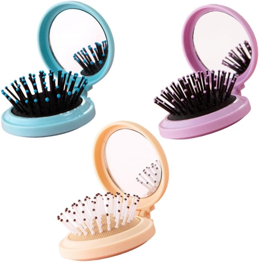 Aknebriax 3 Pack Mini Folding Hair Brush with Mirror, Portable Travel Hairbrush,For Women,Round Pocket Size Pop up Brush,Compact and Elegant Perfect for Carrying in Your Bag(Yellow, Purple, Blue) image number 2