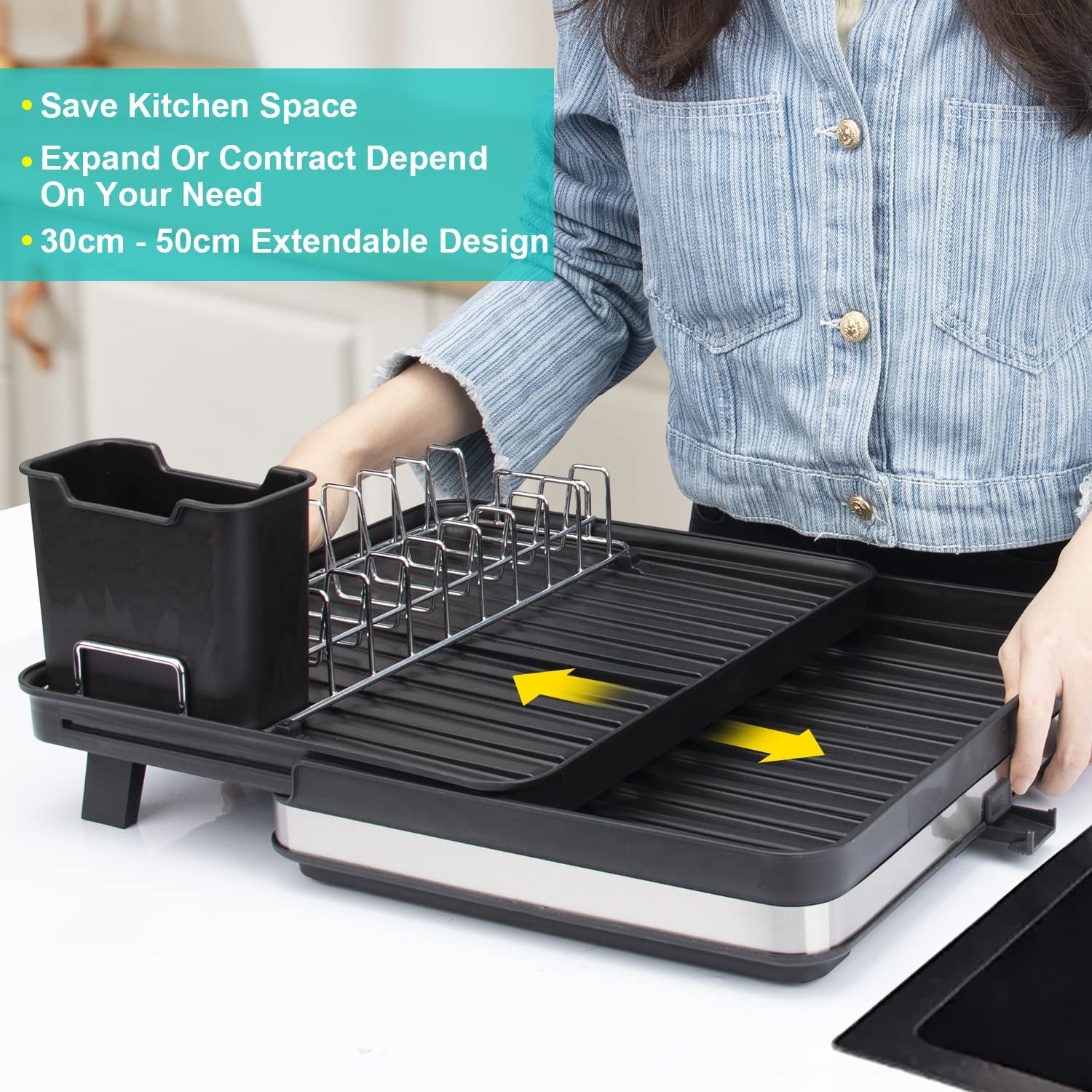 Dish Drying Rack Stainless-Steel Dish Sink Storage Rack with Movable Cutlery Drainer and Utensils Holder, 30CM - 51CM Expandable Dish Drainers for Kitchen Counter with Drain Spout