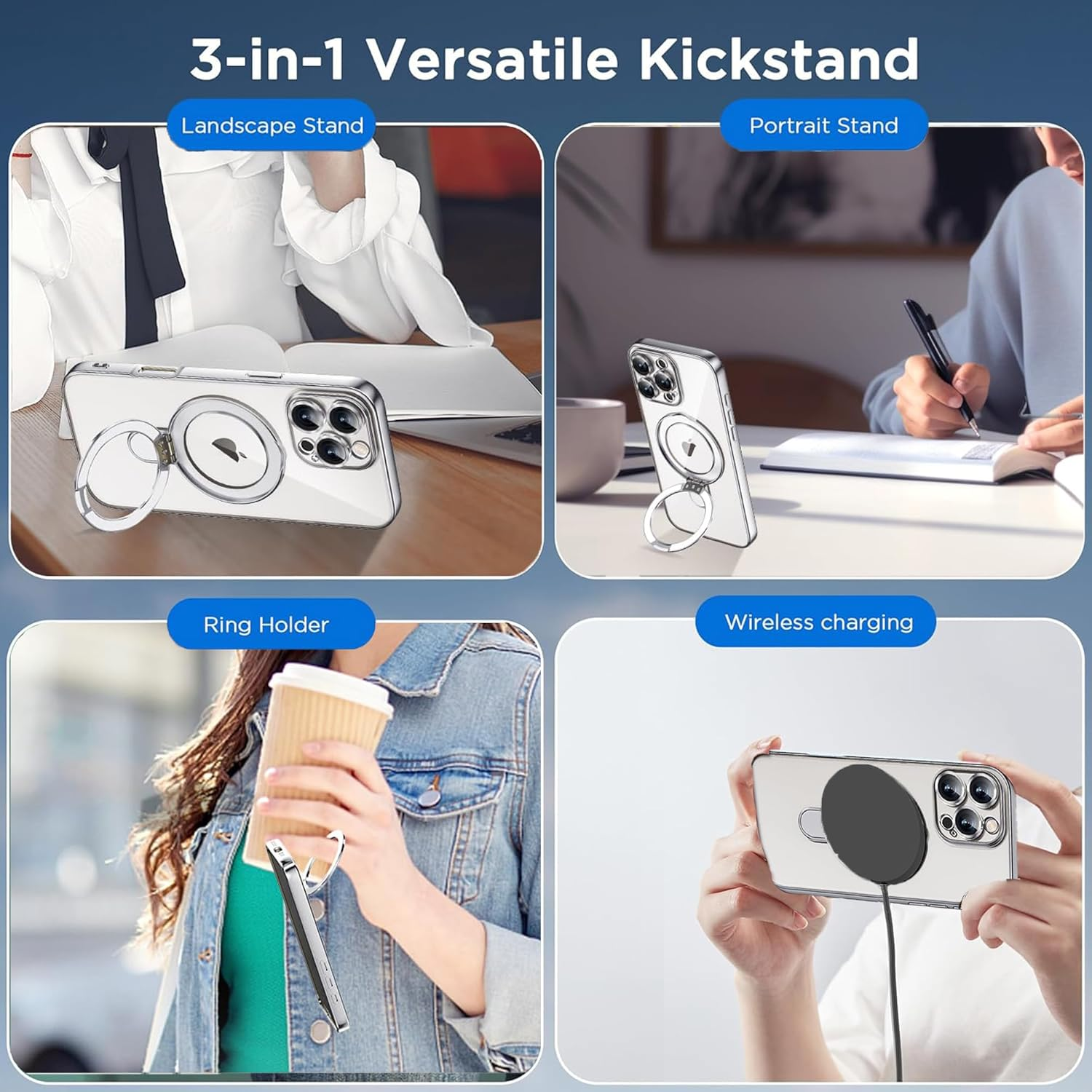 For Iphone 16 Pro Max Case, Phone Case Iphone 16 Pro Max with Invisible Magnetic Ring Stand [Compatible with Magsafe] [Full Camera Protection] Plating Clear Back Phone Case Covers, Silver image number 2