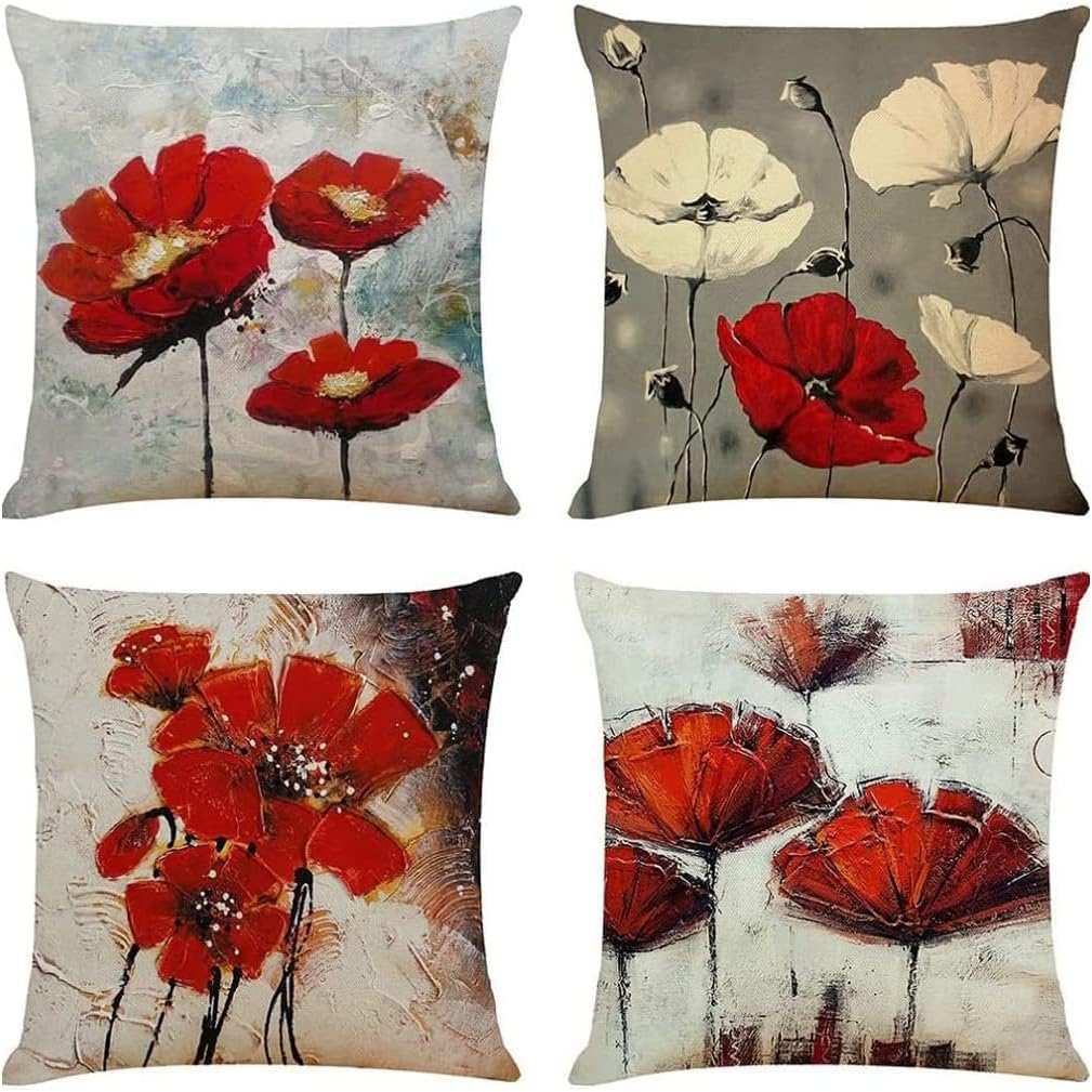 DILOXNSU Cushion Cover 50 X 50 Cm, Set of 4 Cushion Covers, Red Art Flower, Decorative Cushion, Modern Sofa Cushion, Linen Cushion Cover, Decorative Cushion, Aesthetic Couch Cushion, Cuddly Cushion image number 4