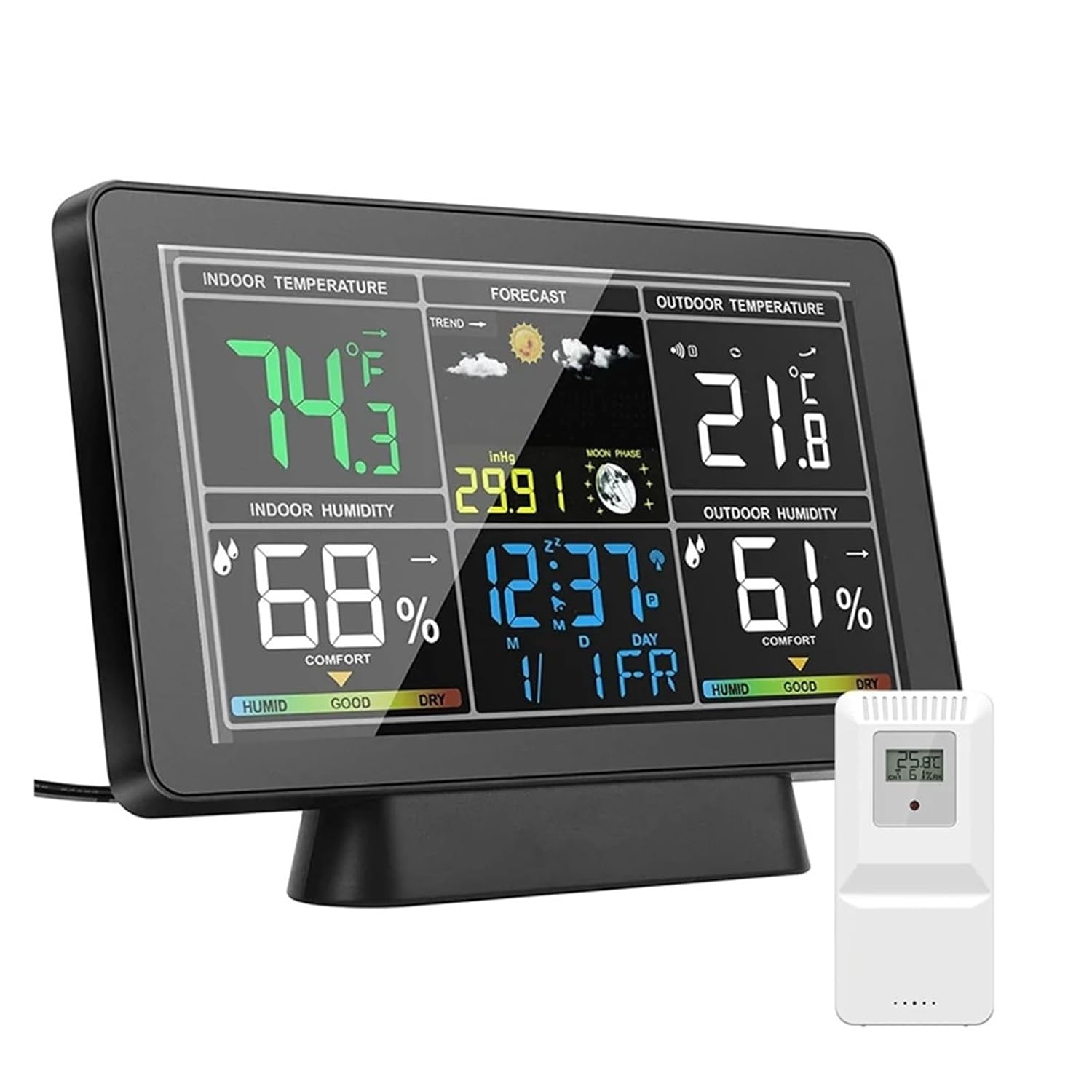 Wireless Colorful Weather Station Forecast Digital Temperature Humidity Trend Meter Atmospheric Pressure Moon Phase Alarm Clock image number 6