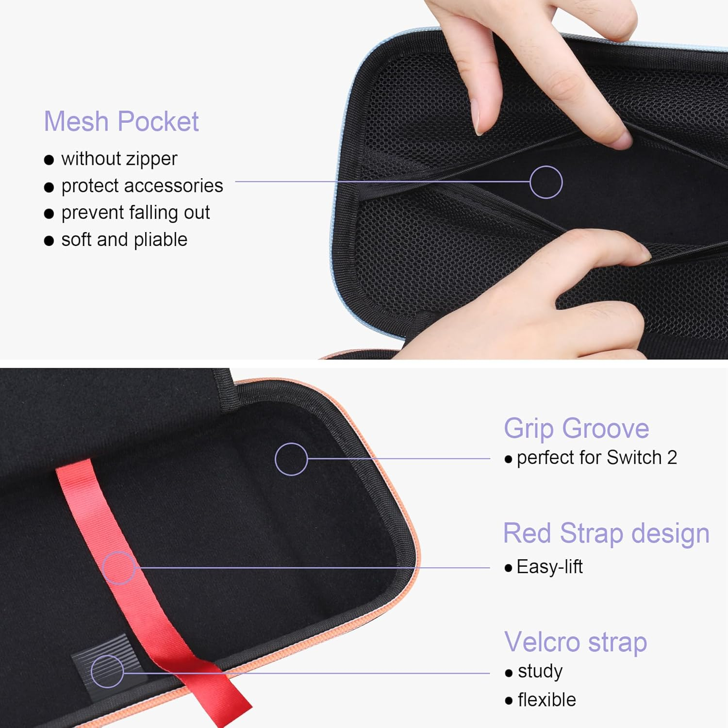 RAIALL Carrying Case for Nintendo Switch 2 (2025), Large Capacity Protective Hard Shell Portable Travel Case Pouch, with 24 Game Card Slots and Pockets for Console &Accessories, Purple-Blue-Gradient - Pink-Green-Gradient image number 4