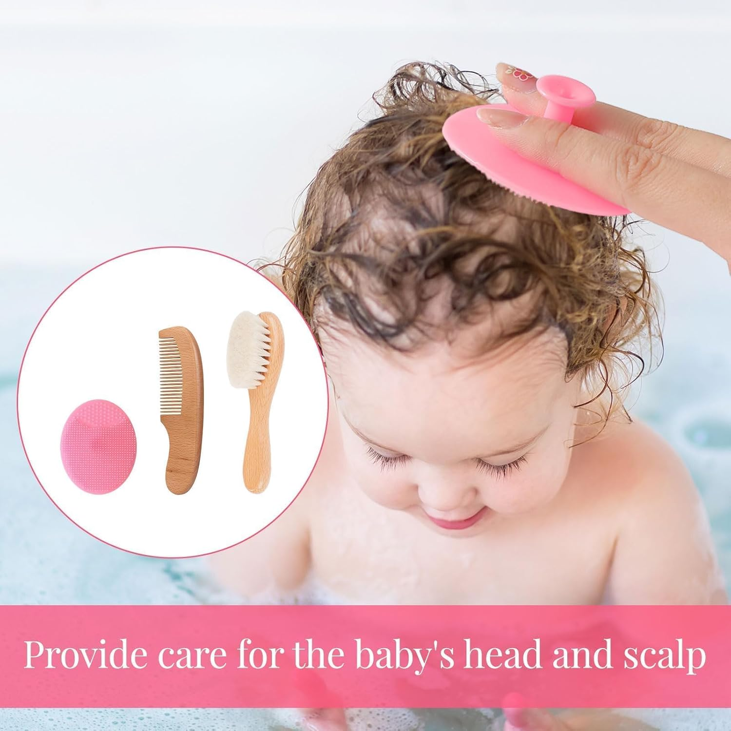 Baby Hair Brush, 3Pcs Baby Brush for Newborns, Cradle Cap Brush, Baby Hair Comb Set, Goat Bristles Comb, Silicone round Teeth Cradle Cap Brushs, for Newborns and Toddlers Hair Massage