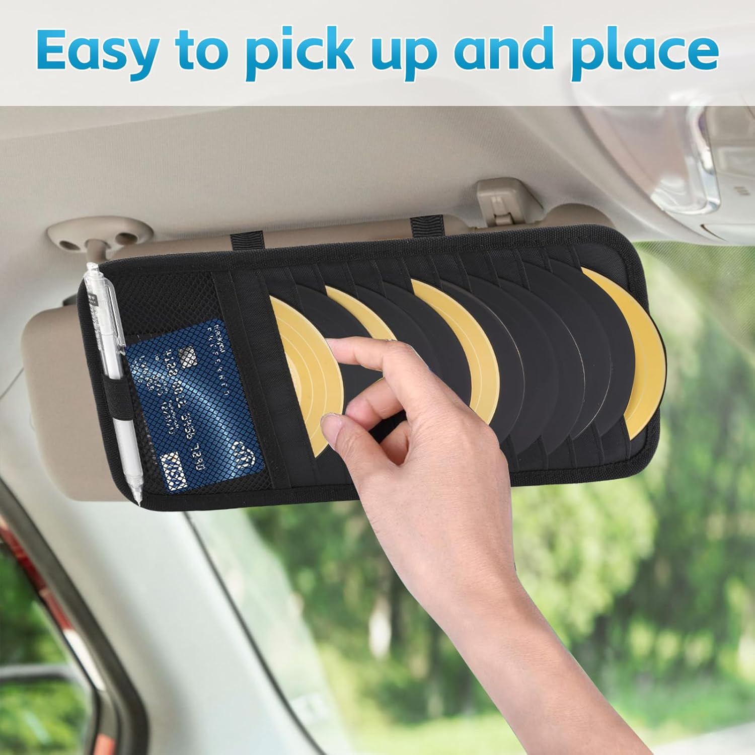 CD Visor Holder for Car, 12 DVD Case, Vehicle Sun Visor CD Storage Organizer 1 Mesh Pocket 1 Pen Holder and Elastic Strap image number 1