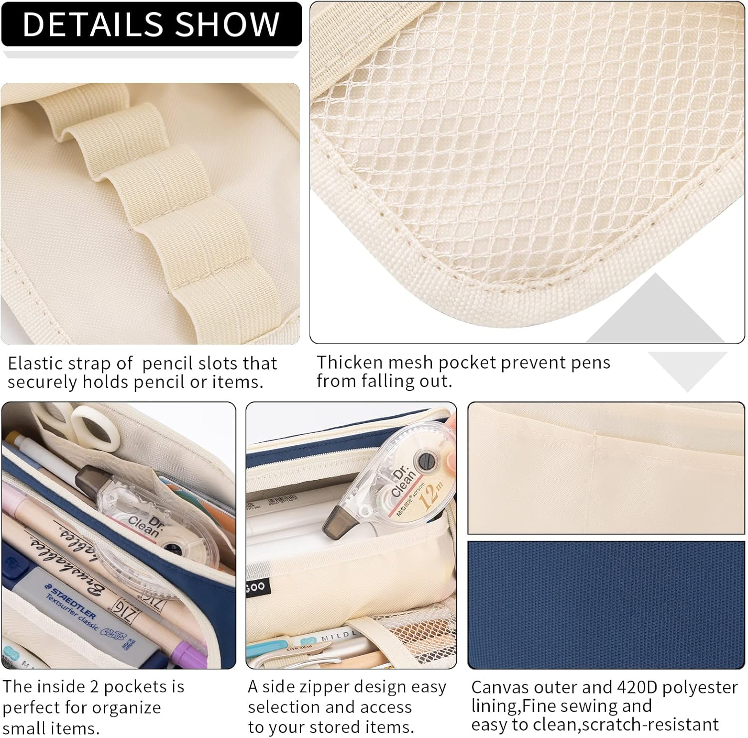 Big Capacity Pencil Case, Large (Navy), Multi, Simple