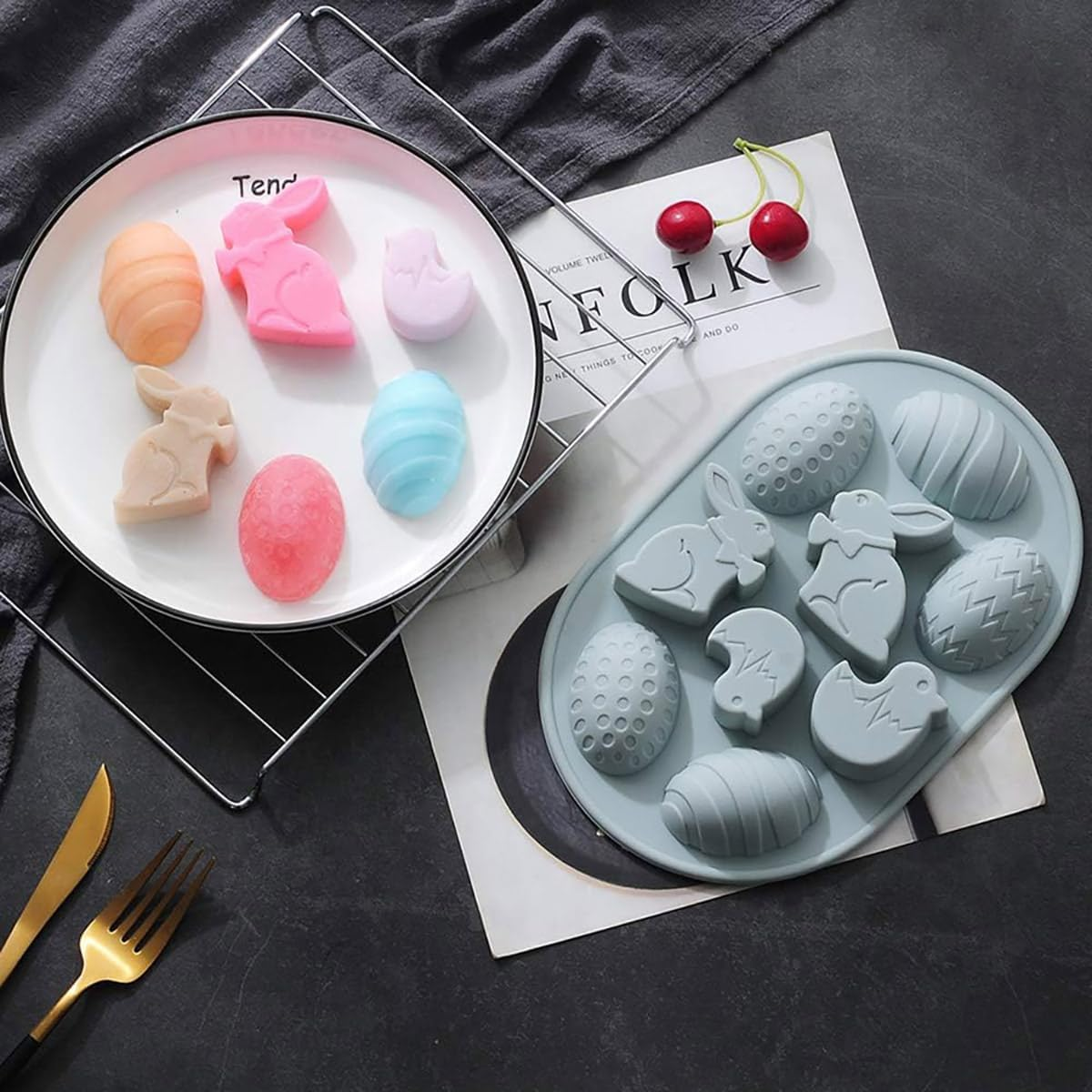 AIMALL Easter Silicone Baking Mold Set, 2-Pack Rabbit and Egg Themed Molds, Ideal for Festive Treats, Pink, Dimensions: 9.02X5.9 Inches image number 1