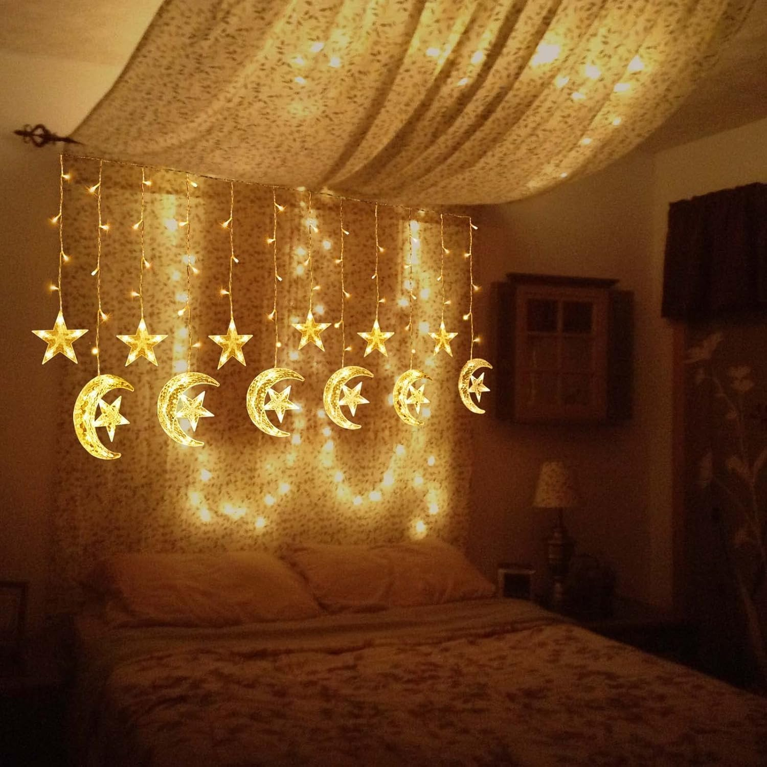 Ramadan Decorations for Home, 138 LED Upgraded Extra Large Star Moon Curtain Lights for Kids Bedroom Decor, Battery & USB Powered LED Fairy Lights for Ramadan Window Wedding Christmas Decor