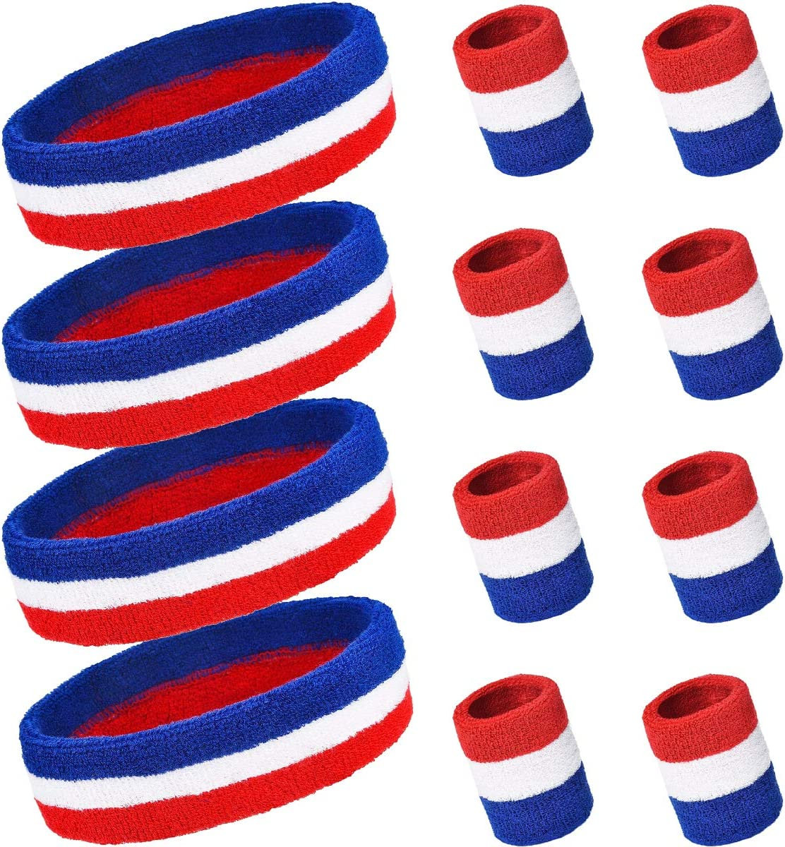 PAMASE Striped Sweatbands Set, Including Sports Headbands and Wristbands Cotton Sweat Band American Flag Style for Tennis Athletic Men Women