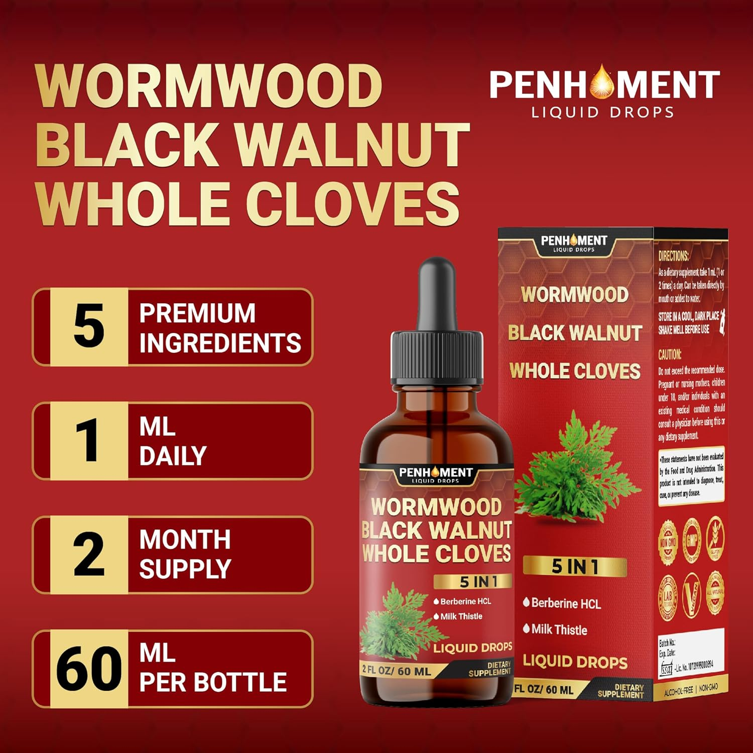 Penhoment 5In1 Wormwood Liquid Drops - Black Walnut Cloves Extract, Berberine, Milk Thistle - 2 Fl Oz - 60 Days Supply image number 1