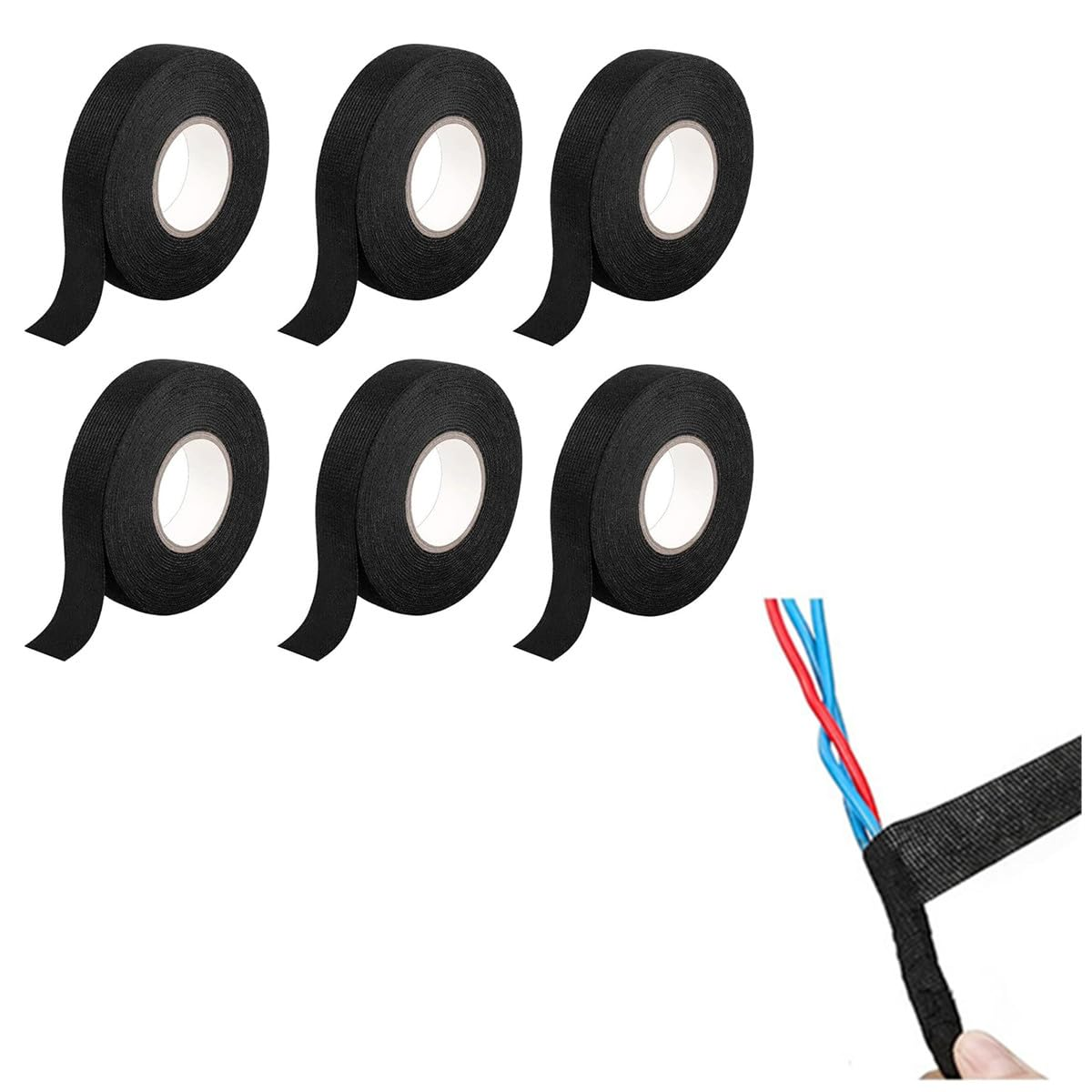 6 Rolls Automotive Wire Wrap, Electrical Tape,Car Fabric Tape,19Mm X 10M High Heat Harness Tape for Engine, Wrapping Car Wiring (Black)