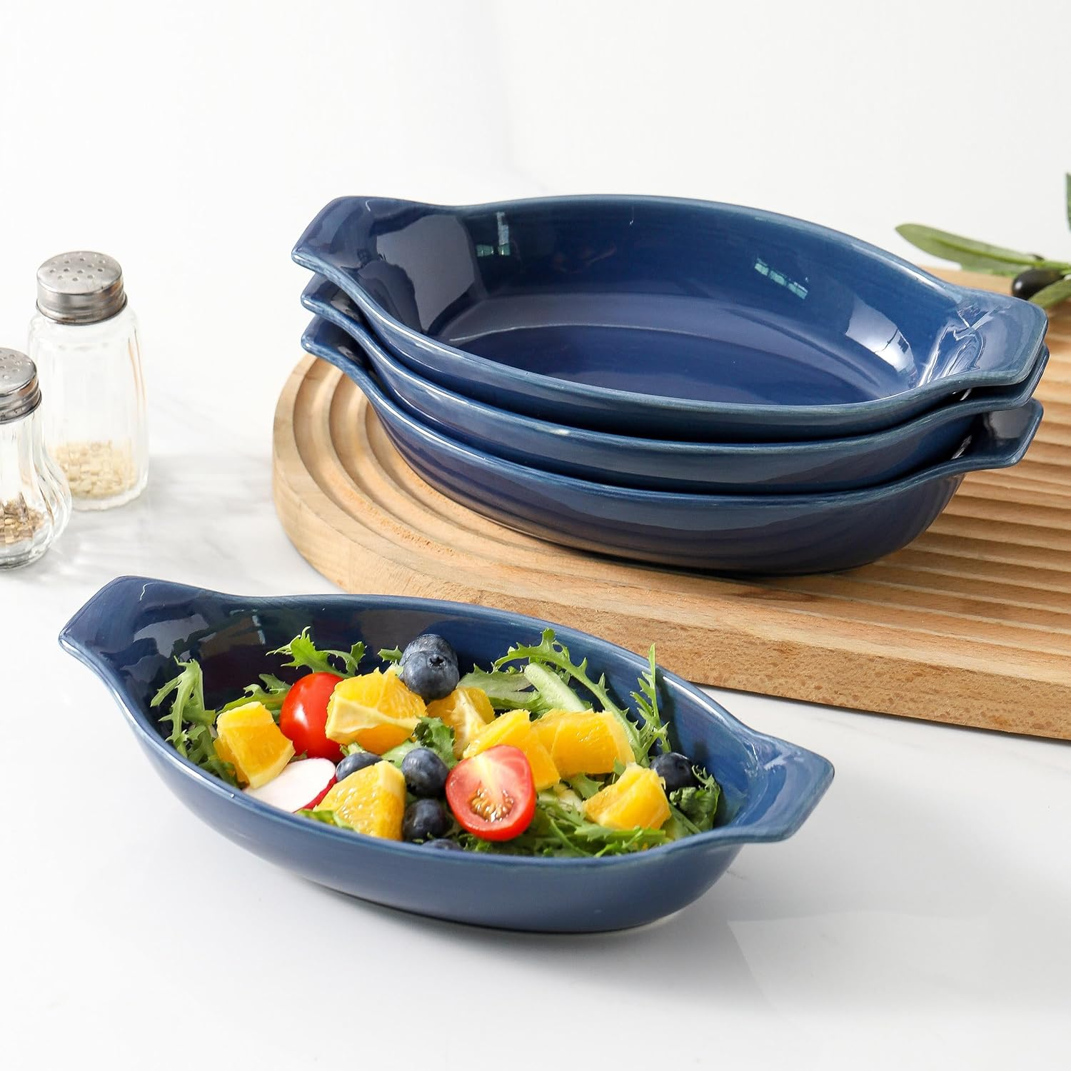 Au Gratin Baking Dishes Oven Safe, Ceramic Oval Baking Dish with Handles, Au Gratin Pans for Lasagna, Small Individual Gratin Dishes, Porcelain Mini Casserole Dish - 11.8Oz - 6Pc Set - Navy Blue image number 2