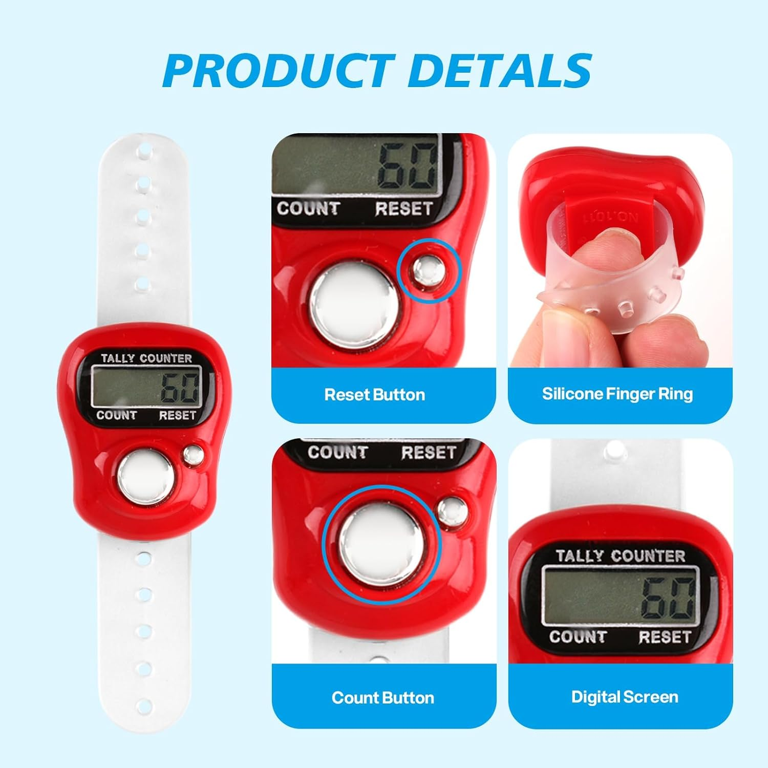 8 Pcs Electronic Finger Tally Counter Mini LCD Digital Display Tally Counter, Handheld Counter Clicker Pitch Counter, Resettable Finger Hand Tally Counter for Golf Coaching Knitting, Lap, Fishing Row image number 5