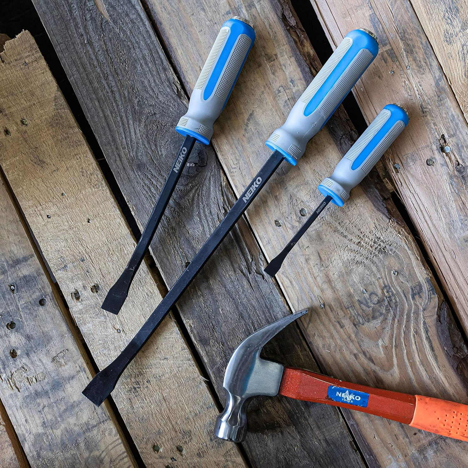 NEIKO 00251A Pry Bar, 3 Piece Angled Tip Pry Bar Set, 8", 12" & 17.5" Crow Bar with Go through Striking Cap, Textured TPR Breaker Bar Handles, Heavy Duty Black Oxide Coated Chromium Steel Small Prybar image number 2