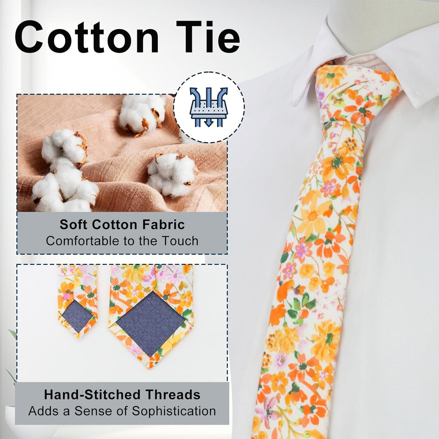 Luckyvestir Mens Ties, Sage/Dusty Blue/Pink Floral Ties for Men, 2.76" Cotton Flower Necktie for Wedding/Groomsmen/Party image number 4