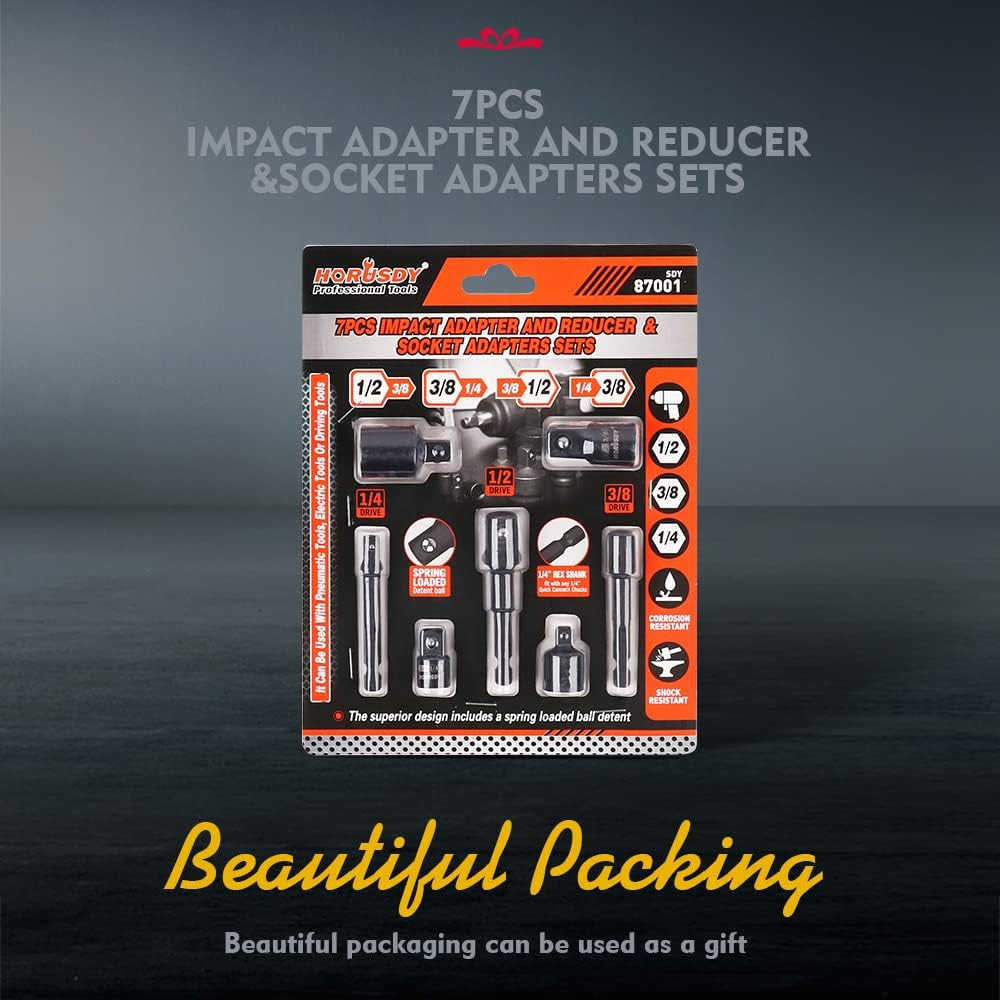 HORUSDY 7-Piece Impact Sockets Adapter Set, Hex Shank Socket to Drill Adaptor 1/4" 3/8" 1/2", Cr-V Steel Impact Driver Wrench Socket Reducer Set image number 4