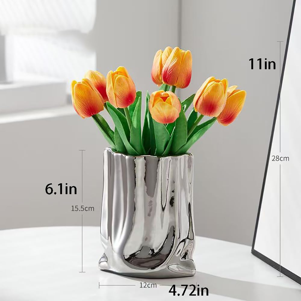Hbluefat Fake Flowers with Vase, Silk Tulip Artificial Flowers in Flat Ceramics Vase, Small Faux Flower Arrangement for Home Office Decoration, Dining Table Centerpiece (Sunset Red,Silver) - Champagne,Gold image number 3