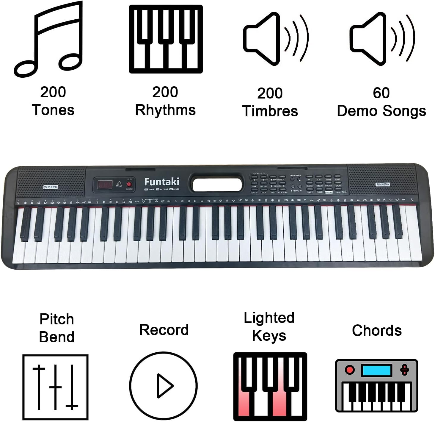 Funtaki 61-Key Electronic Keyboard Piano for Adults with Light up Keys, 61 Compact Keys Digital Pianos - Perfect Beginner Piano Black