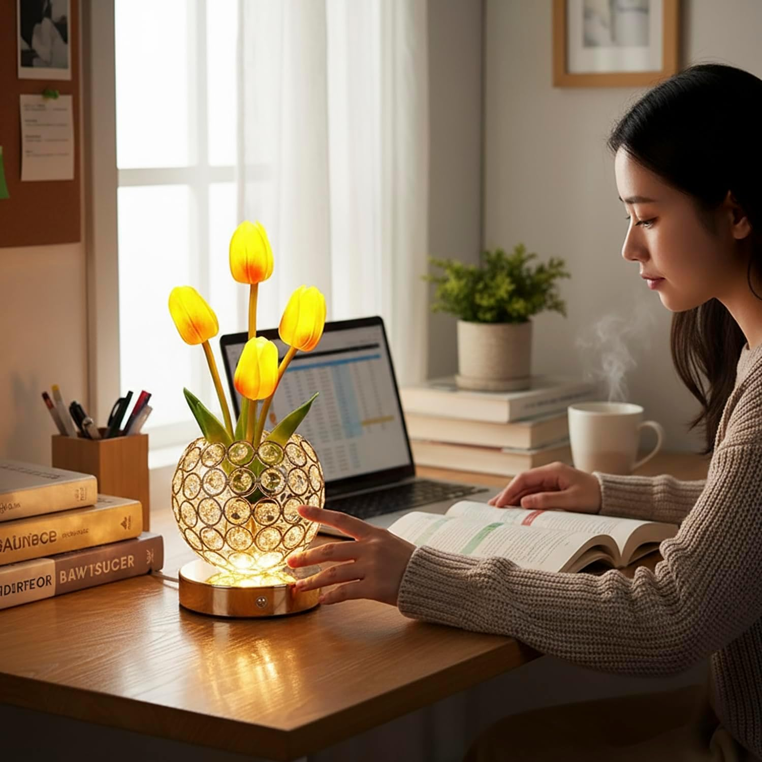 Crystal Tulip Table Lamp, 3 Colors Dimmable Artificial Flowers Light, USB Rechargeable Cordless Lamps, Bedroom Living Room Decoration, Valentine Day, Mothers Day, Christmas Day Gift (Orange Tulip) image number 2