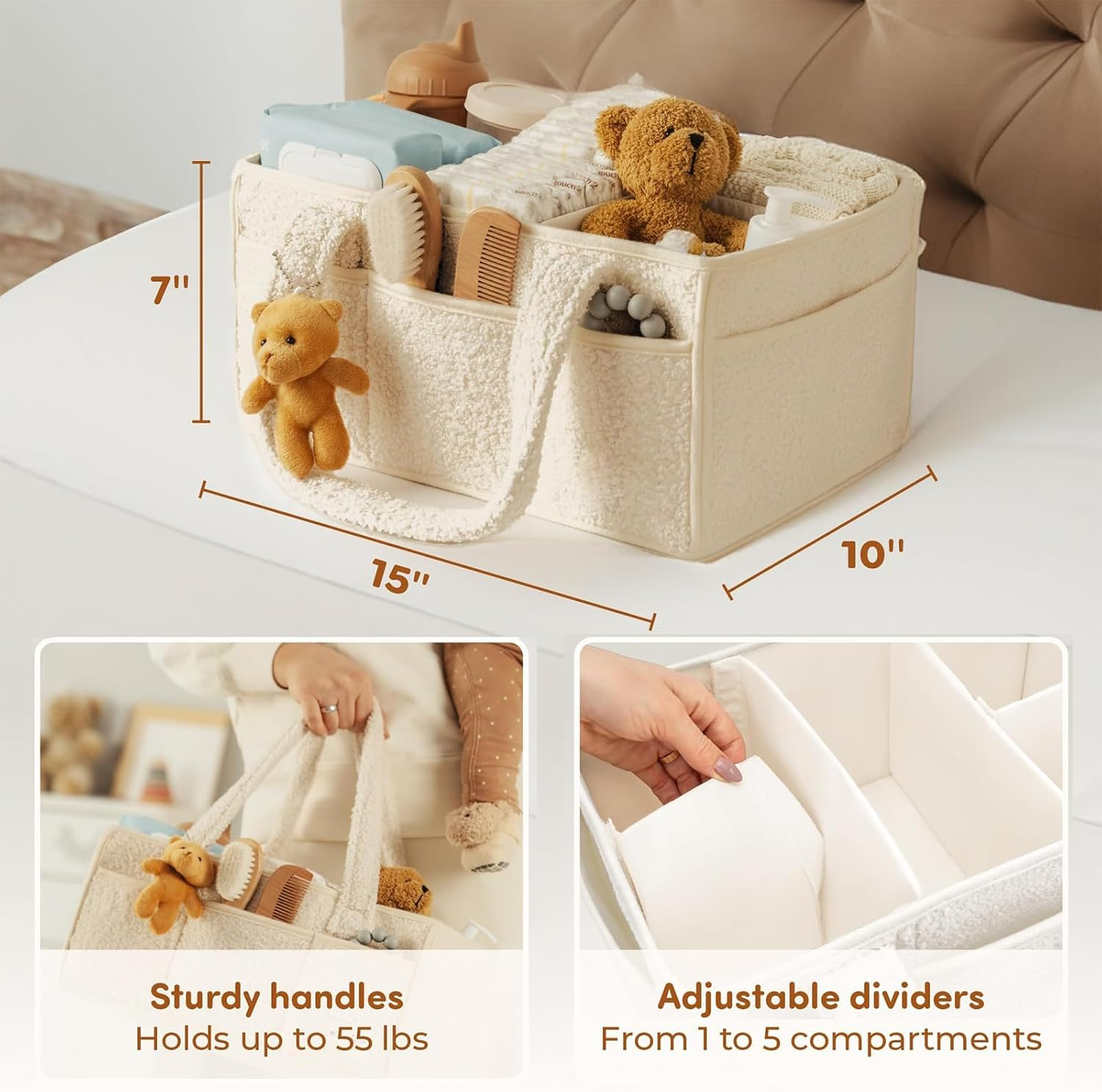 Baby Diaper Caddy Organizer with Handle - Portable Sherpa Nursery Basket - Car Diaper Organizer, Cleaning Caddy, Baby Shower - Ivory image number 5