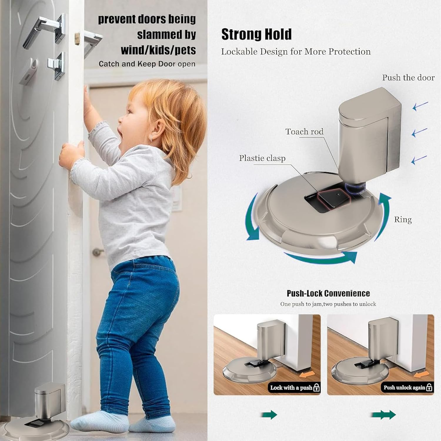 Zalizr No-Magnetic Mechanical Door Stopper, Adjustable Height Door Holder for Gaps 0.5 to 2 CM, Windproof, with Adhesive Pads and Screws (Glossy Nickel)