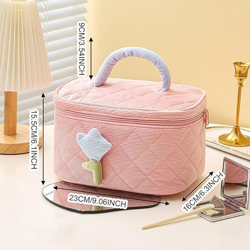 Flower Cosmetic Bag, Kawaii Makeup Bag, Makeup Bag with Floral Pattern, Large Make up Bag Women, Made of Soft Cotton Material, Make up Bag, Cute Beauty Cosmetic Bag for Women and Girls, Pink image number 6