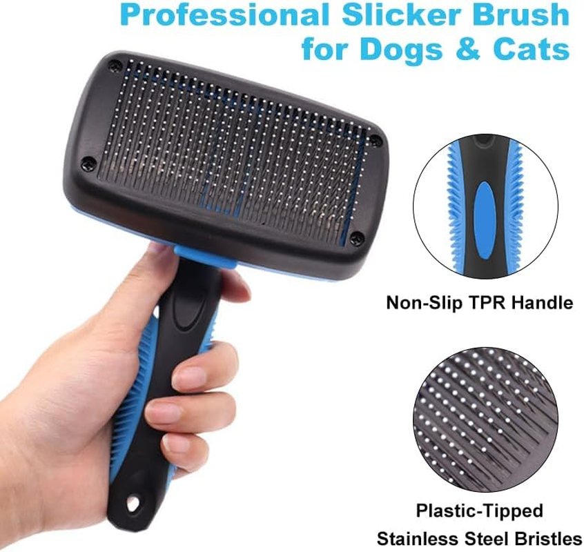 Self Cleaning Slicker Brush for Dogs & Cats, Gentle Deshedding and Hair Removal Tool for Long & Short Haired Pets, Easy Push Button, Purple - Blue image number 4