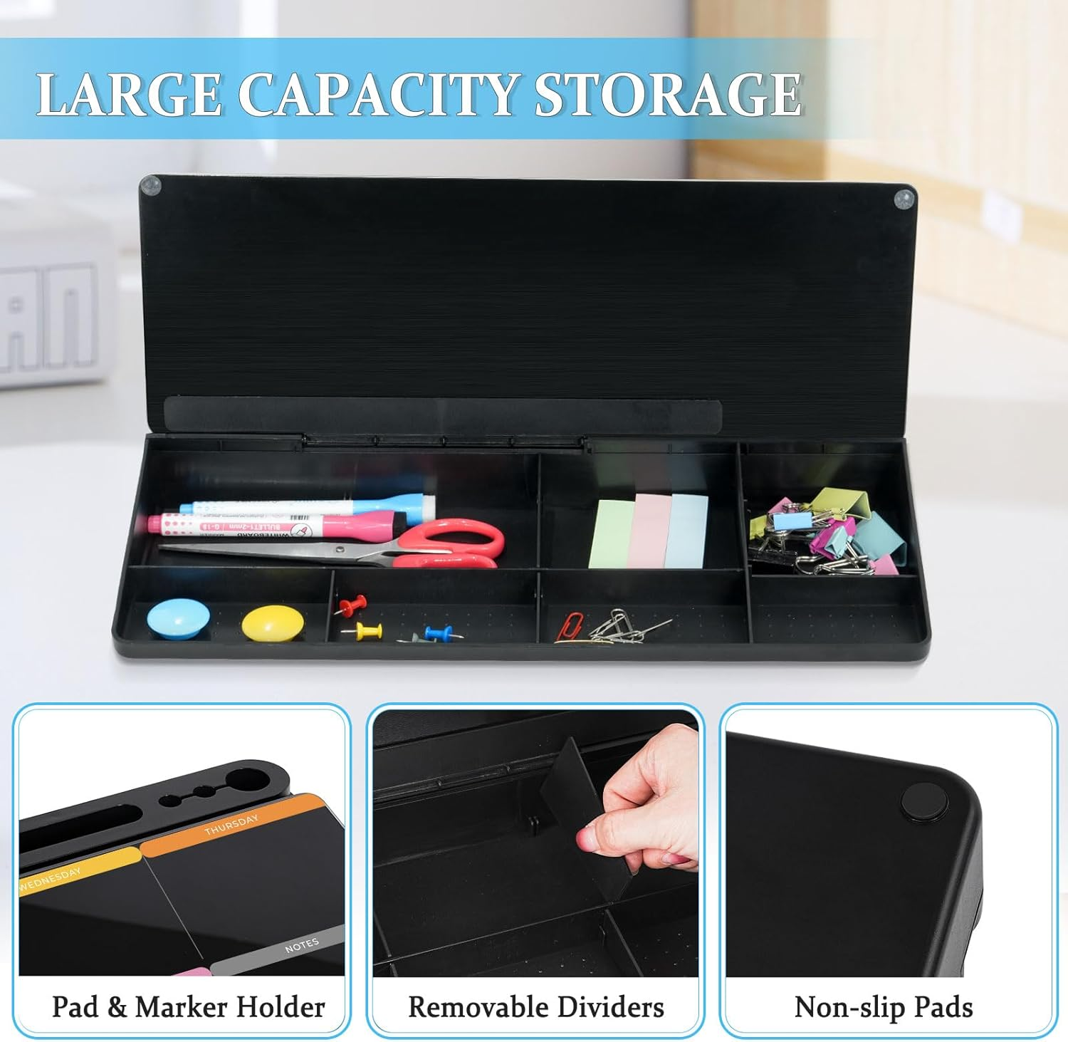 DOLLAR BOSS Glass Desk Whiteboard Calendar Small Dry Erase Board Desktop White Board with Storage Drawer Computer Keyboard Stand Desk Organizer, Colourful Print, Black image number 6