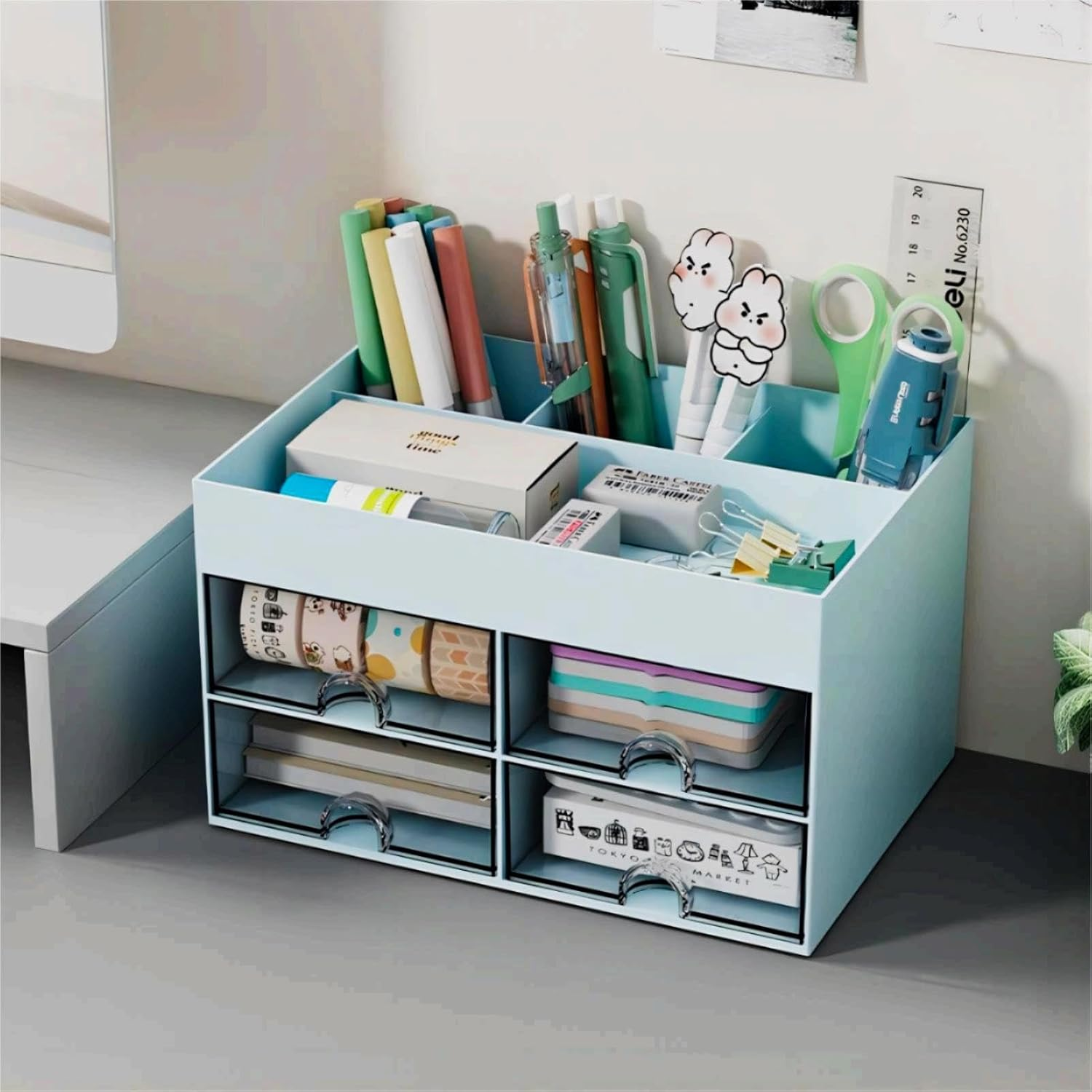 3-Piece Desk Organizer with 2 Drawers, Office Supplies Organizer, Cute Desk Accessories with Plastic, Pen Holder, Blue