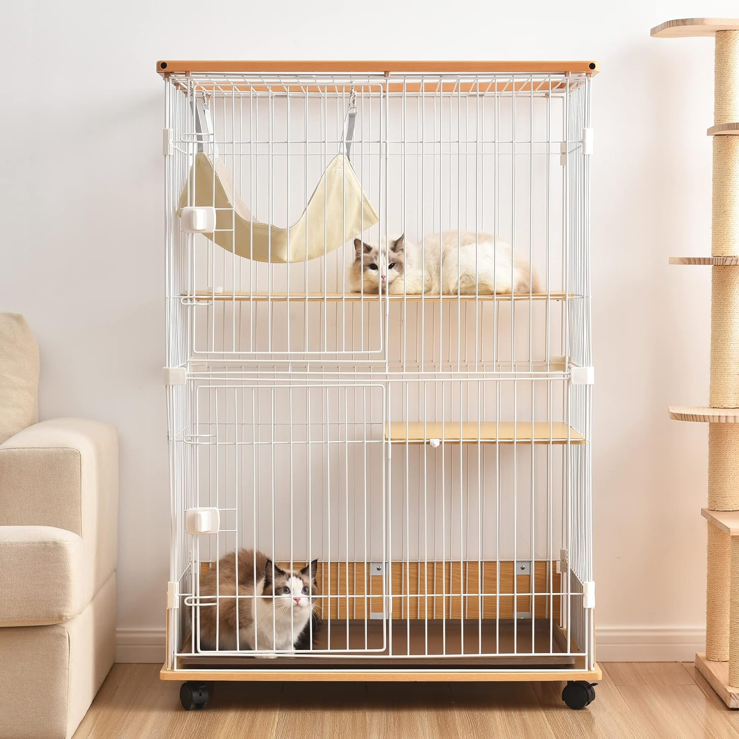 OSJ Cat Cage, Wooden, 2-Tier, Natural, 1 Tier 2 Tier, with Casters, Stylish, Cat House, Multi-Tier, Answering Machine, Protection, Escape Prevention, Multiple Heads, Steel, Pet Cage image number 4